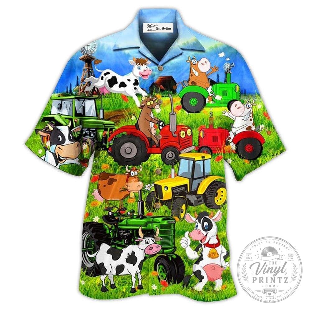 Funny Farm Cows Driving Tractors Cartoon Hawaiian Shirt