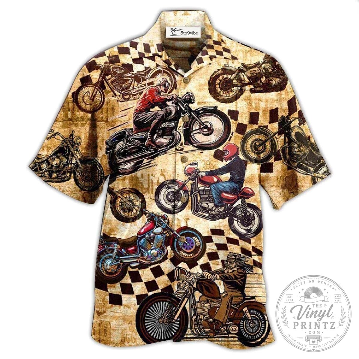 Hawaiian Shirt with Checkered Flag Design for Vintage Motorcycle Racing Fans