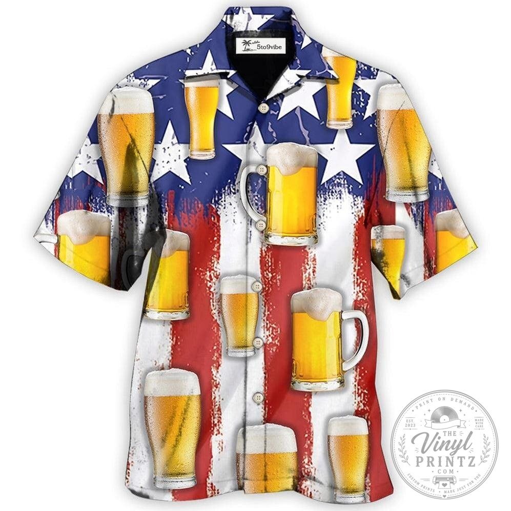Hawaiian Shirt with American Flag Design and Beer Glasses for Independence Day