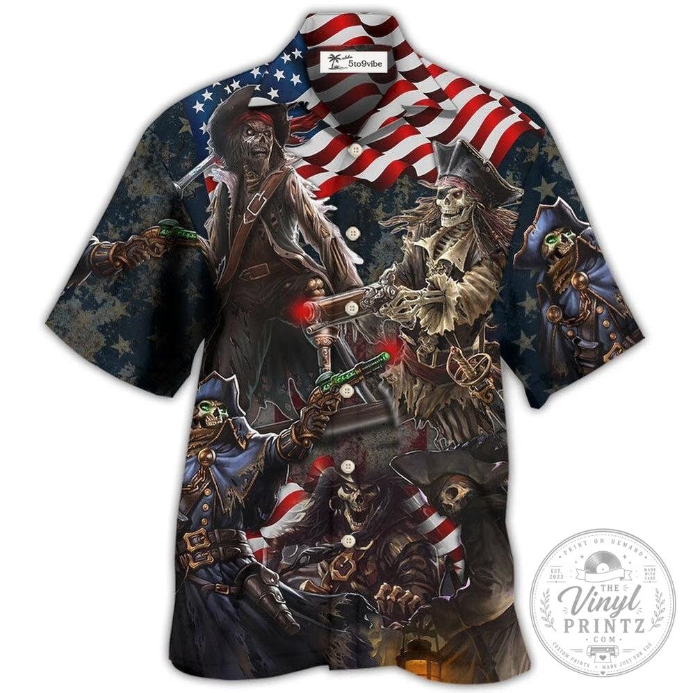 Patriotic Pirate Skeleton United States Flag Independence Day Hawaiian Shirt