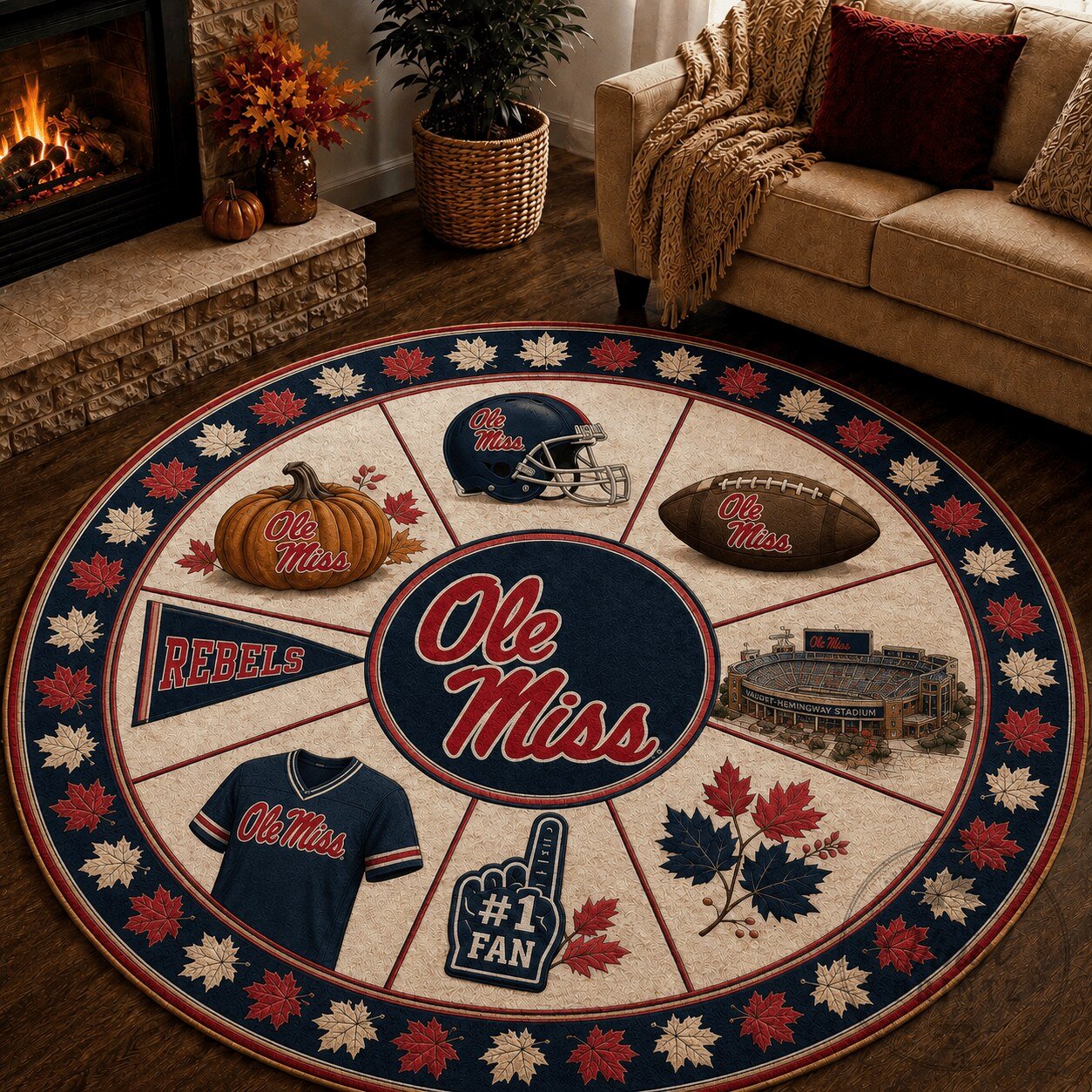 Ole Miss Rebels Football Fan Round Rug Autumn Game Day Home Decor