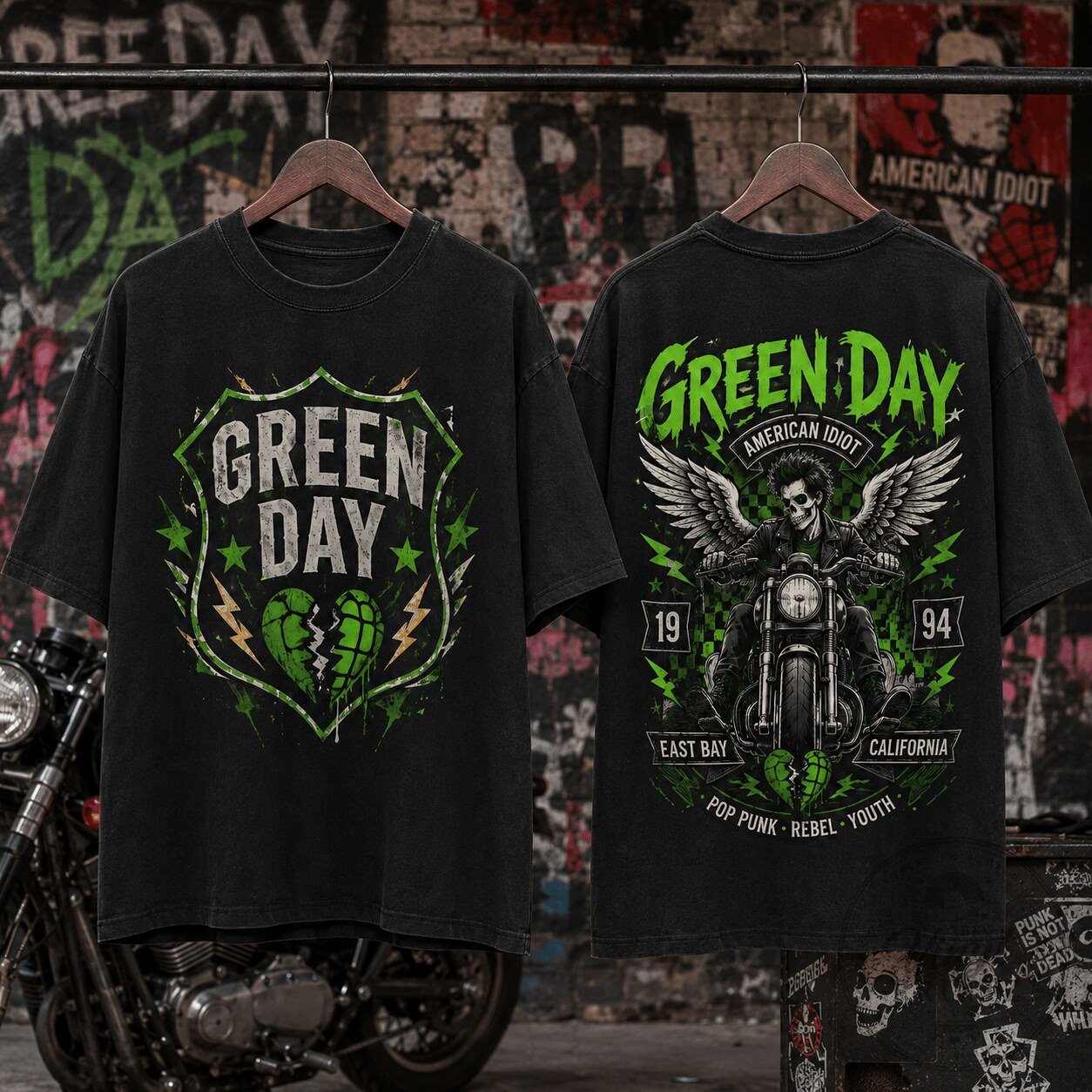 Green Day American Idiot East Bay Rider Motorcycle Pop Punk Youth T-Shirt