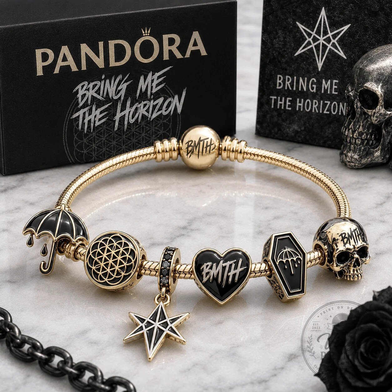 Bring Me The Horizon Gold Charm Bracelet Set With Skull And Umbrella Charms