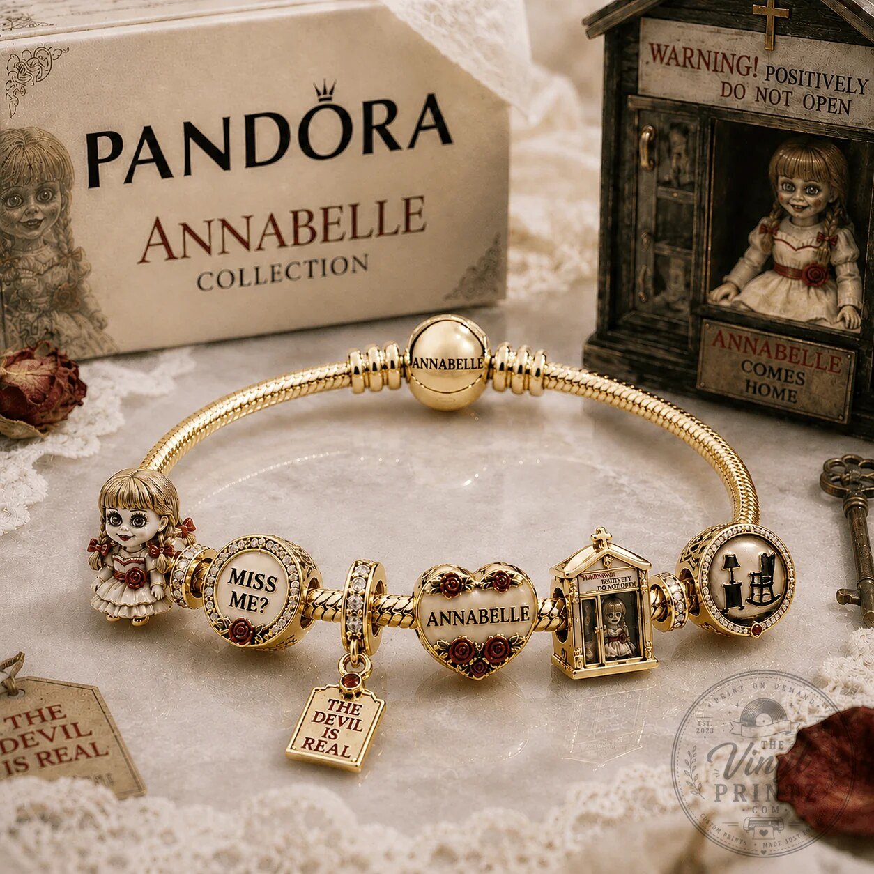 Annabelle Doll Pandora Collection Gold Charm Bracelet with Miss Me and The Devil Is Real