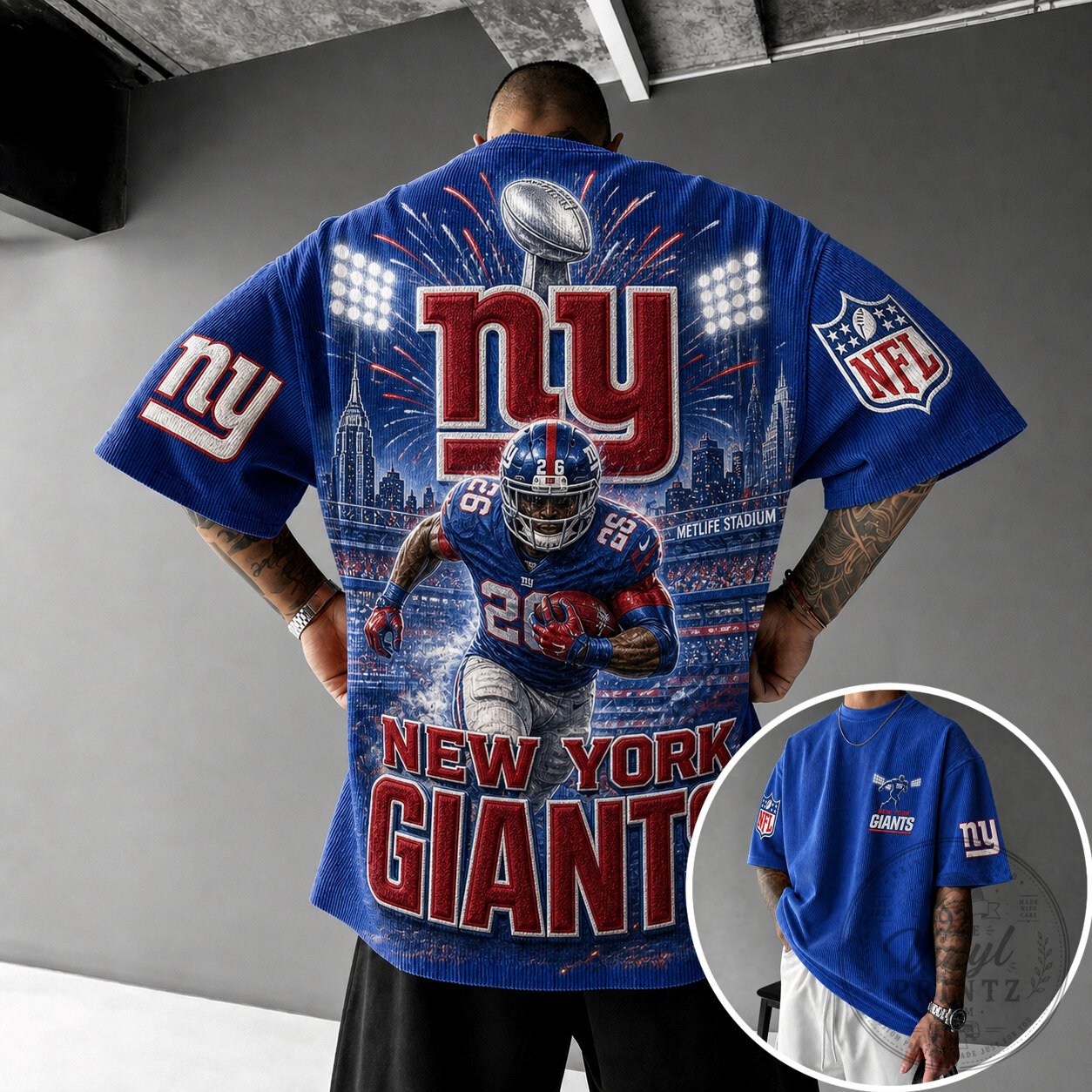 New York Giants NFL Football Team Blue Corduroy Short Sleeve Button Down Shirt
