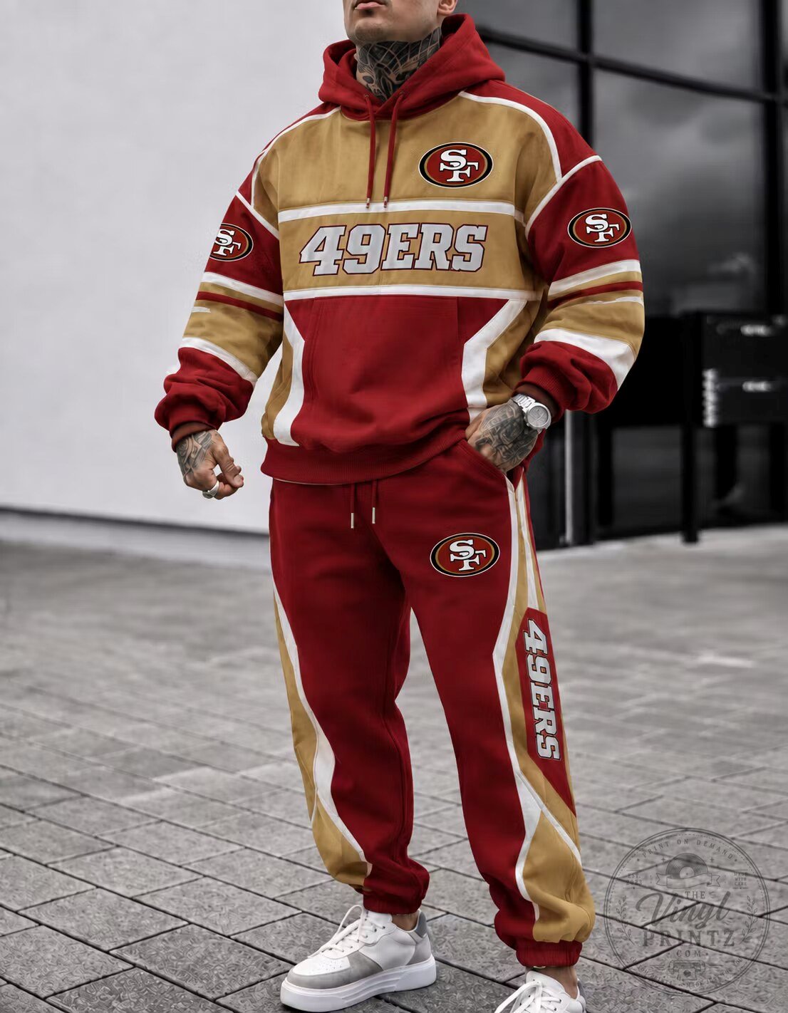 San Francisco 49ers Football Team Red Gold White Hoodie and Jogger Set
