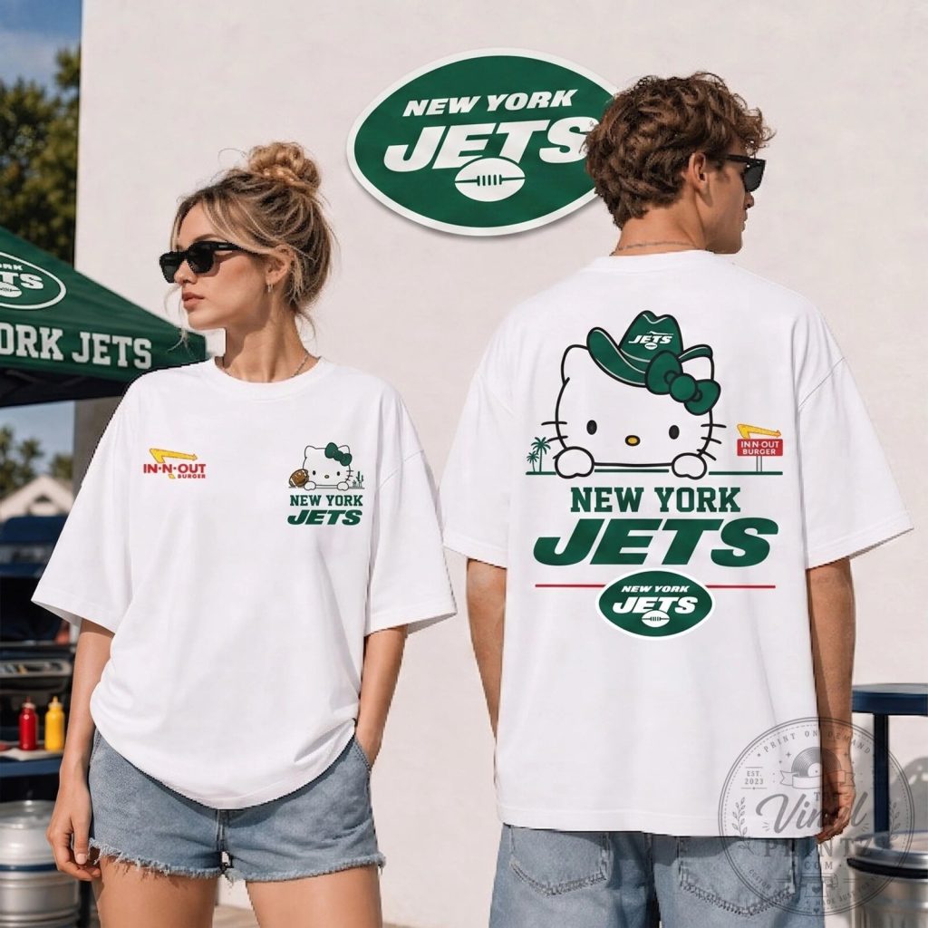 New York Jets Hello Kitty In-N-Out Burger Football Fan White T-Shirt New York Jets Hello Kitty In-N-Out Burger Football Fan White T-Shirt