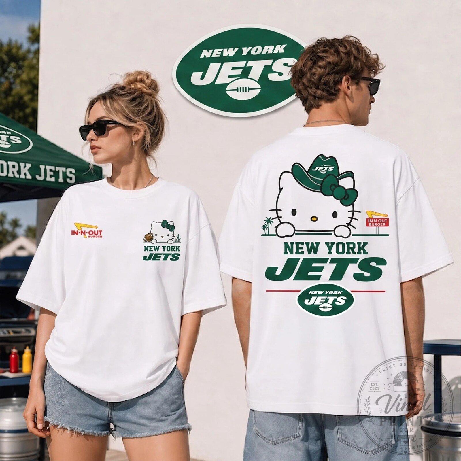 New York Jets Hello Kitty In-N-Out Burger Football Fan White T-Shirt