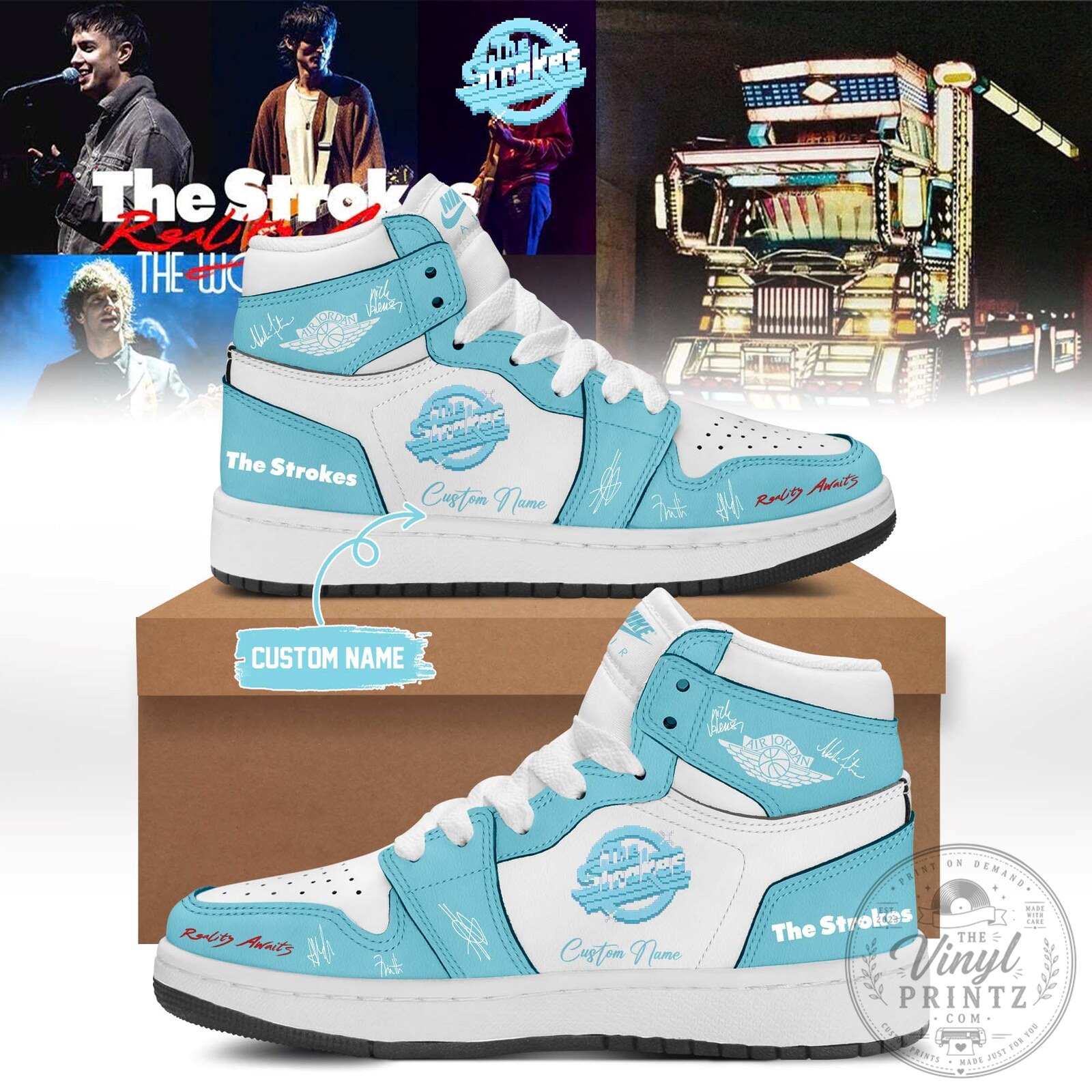 The Strokes Reality Awaits World Tour Custom Name White and Blue High Top Shoes