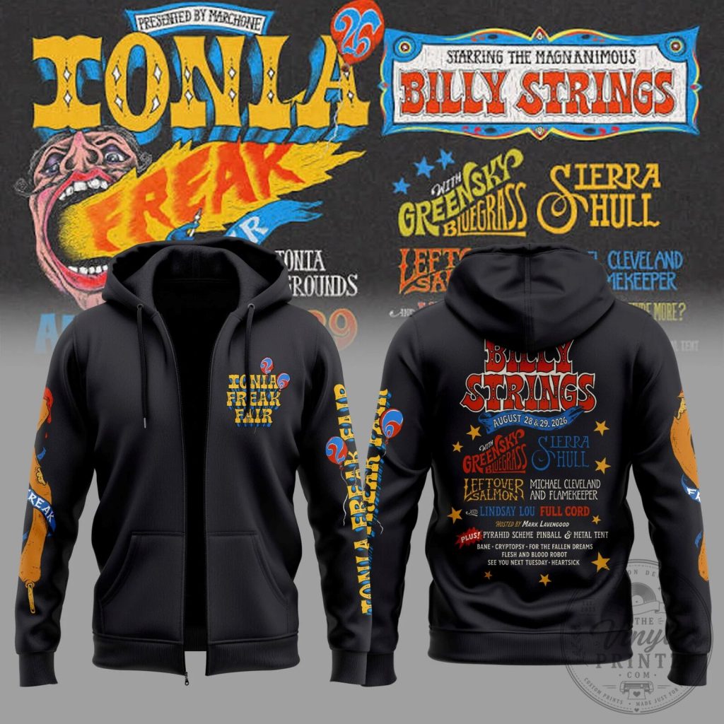 Billy Strings Ionia Freak Fair 2026 Concert Tour Black Zip-Up Hoodie