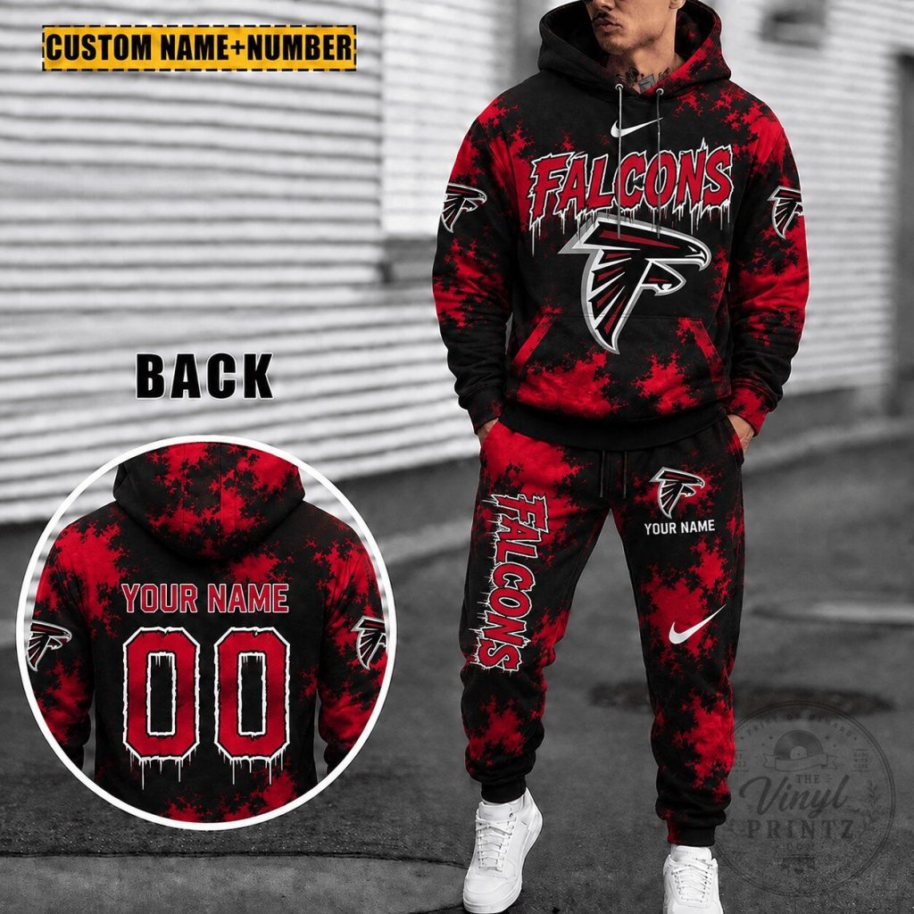 Atlanta Falcons Personalized Red And Black Splatter Hoodie And Sweatpants Set Atlanta Falcons Personalized Red And Black Splatter Hoodie And Sweatpants Set