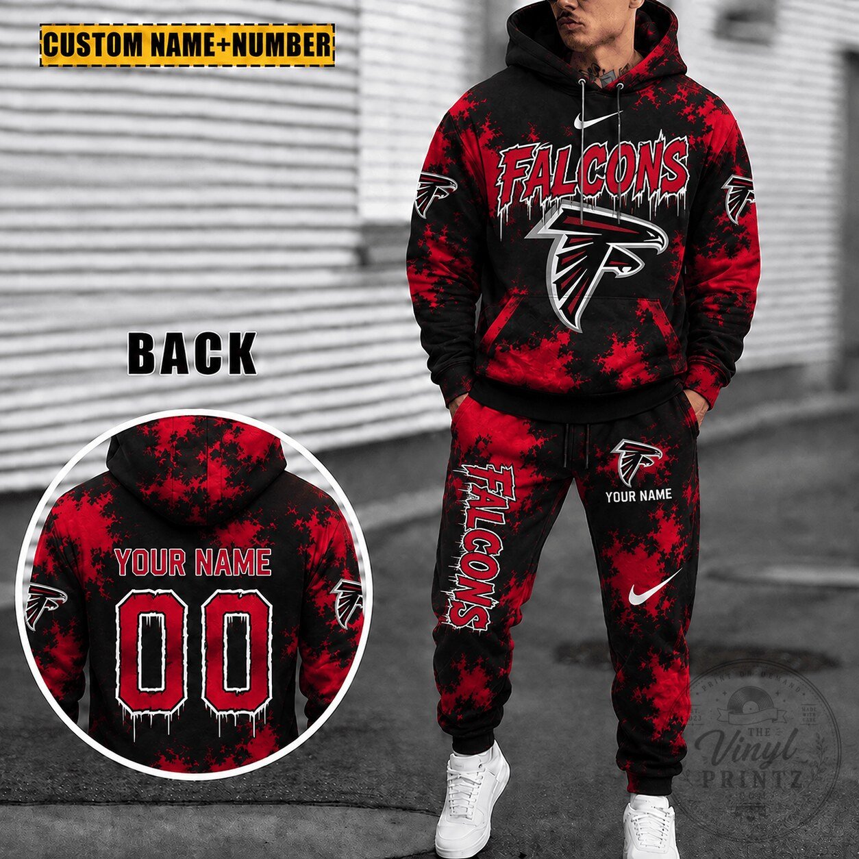 Atlanta Falcons Personalized Red And Black Splatter Hoodie And Sweatpants Set