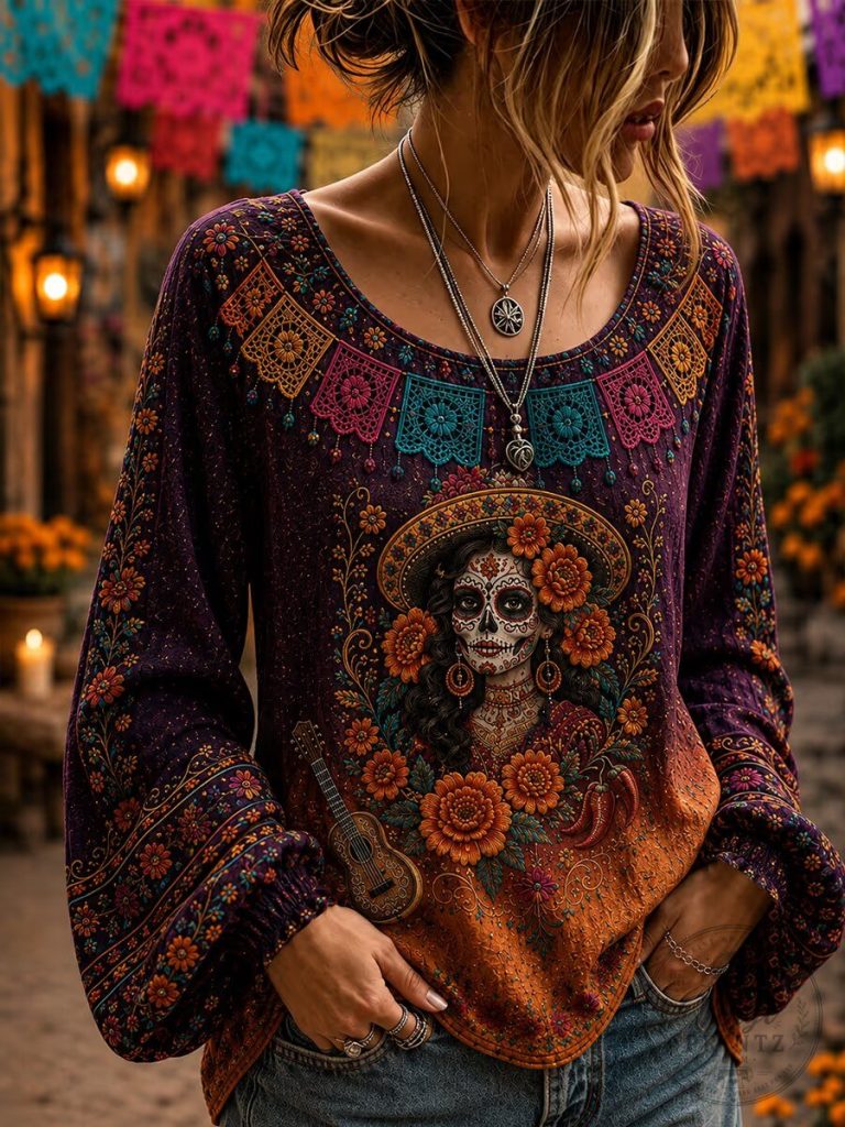 Day of the Dead Sugar Skull Woman Long Sleeve Shirt