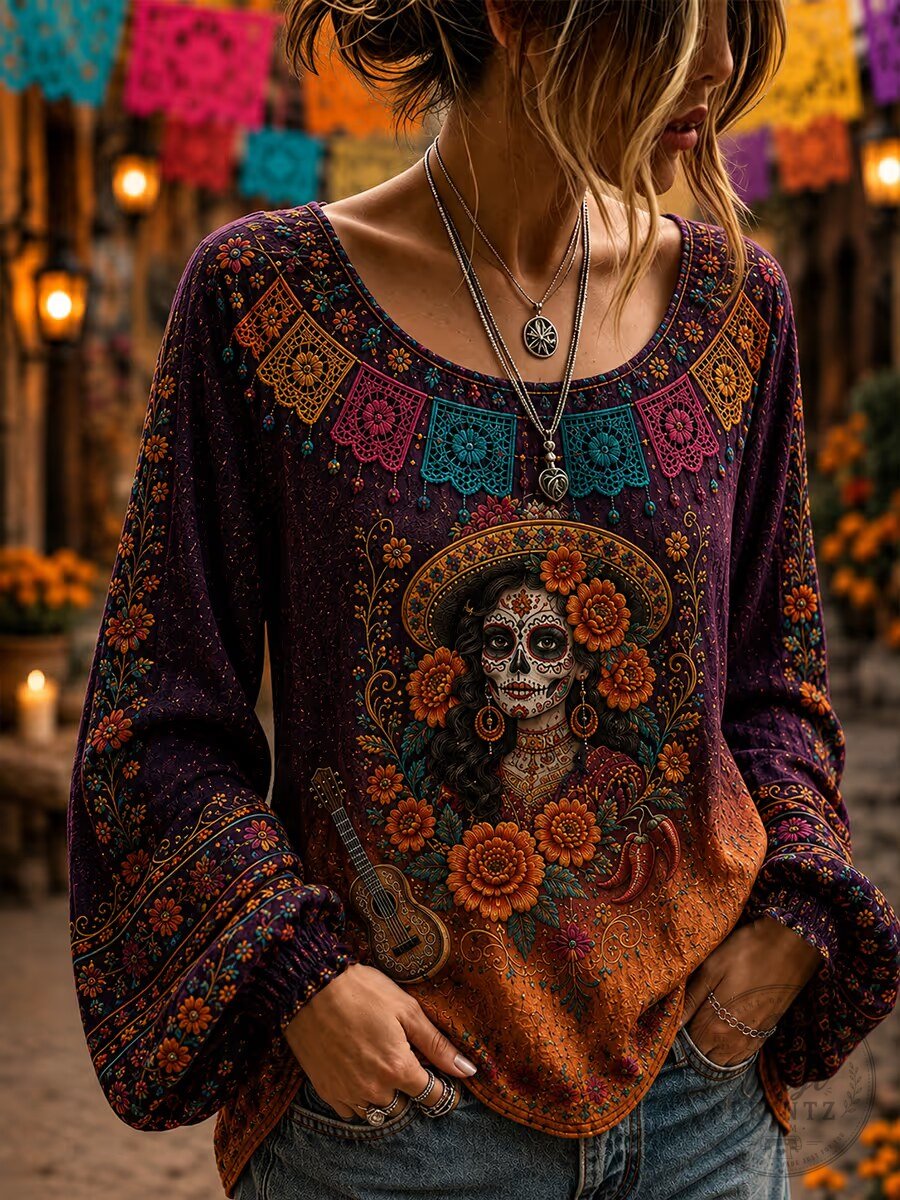 Day of the Dead Sugar Skull Woman Long Sleeve Shirt 2 Day of the Dead Sugar Skull Woman Long Sleeve Shirt