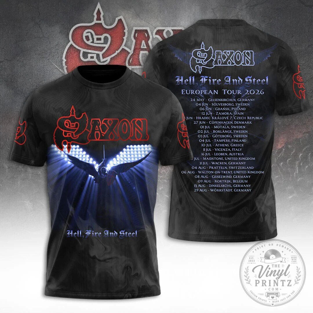 Saxon Hell, Fire and Steel European Tour 2026 Black Graphic T-Shirt
