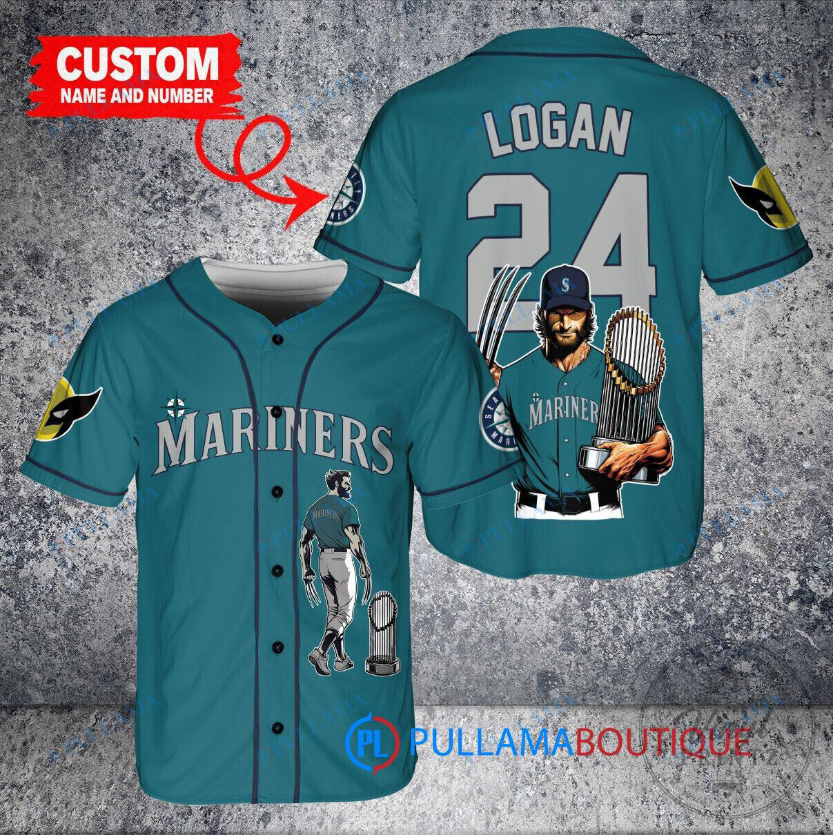 Wolverine Logan Seattle Mariners Baseball Jersey with World Series Trophy