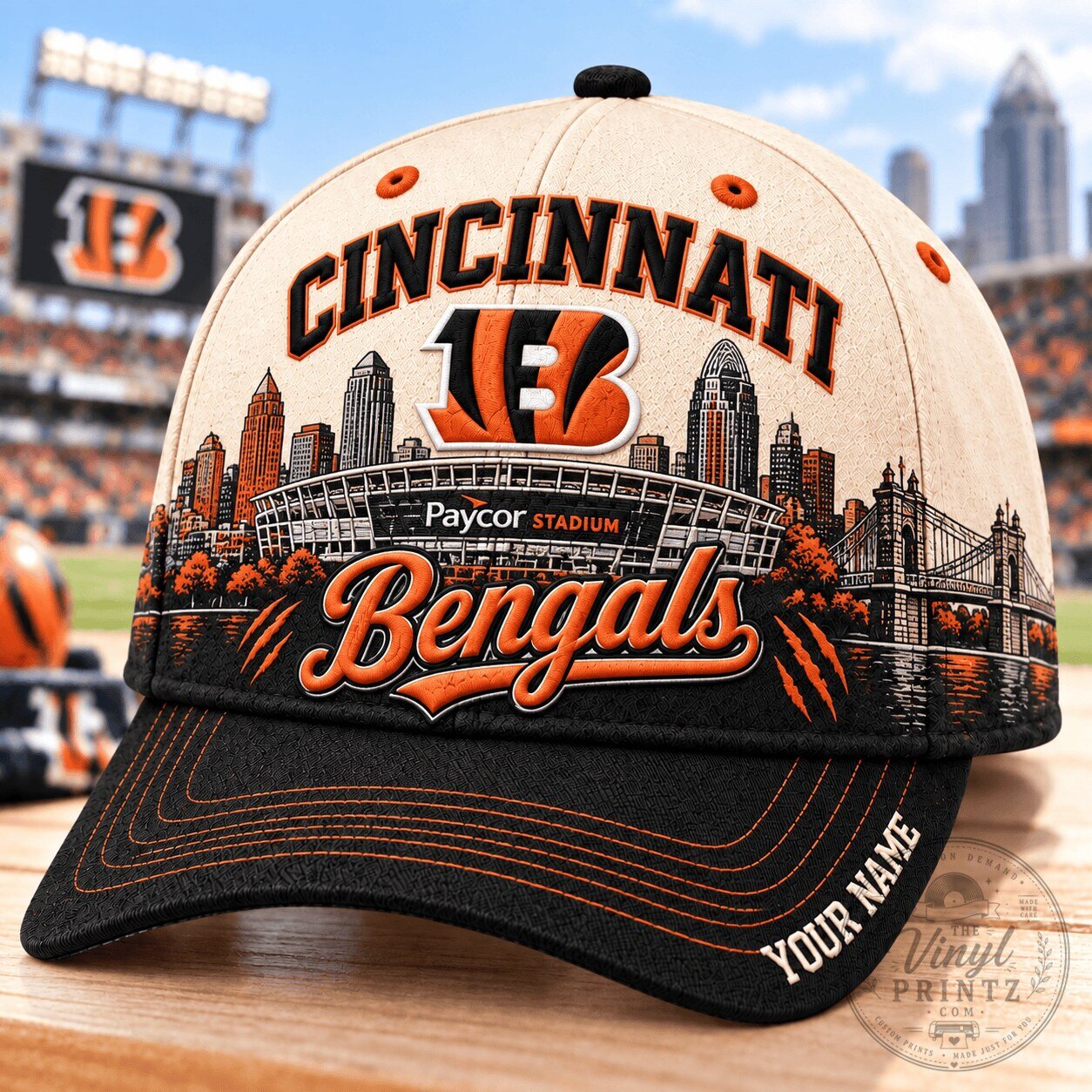 Cincinnati Bengals Paycor Stadium Skyline Custom Name Baseball Cap Hat