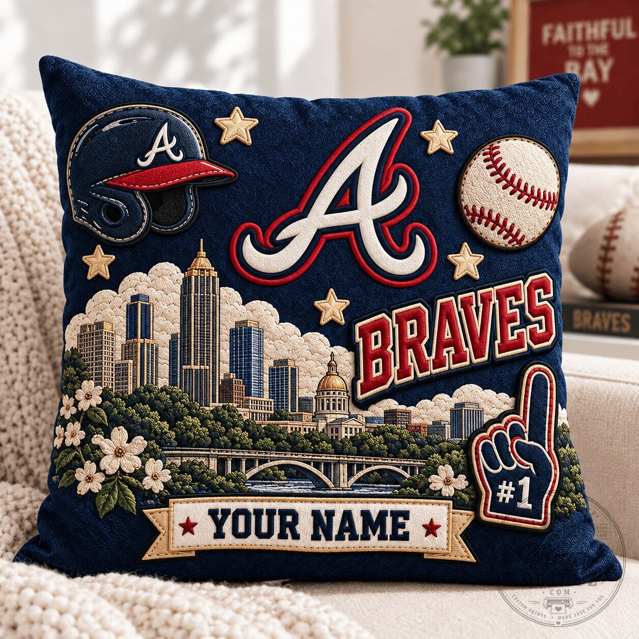 Atlanta Braves Baseball Team Cityscape Custom Name Throw Pillow
