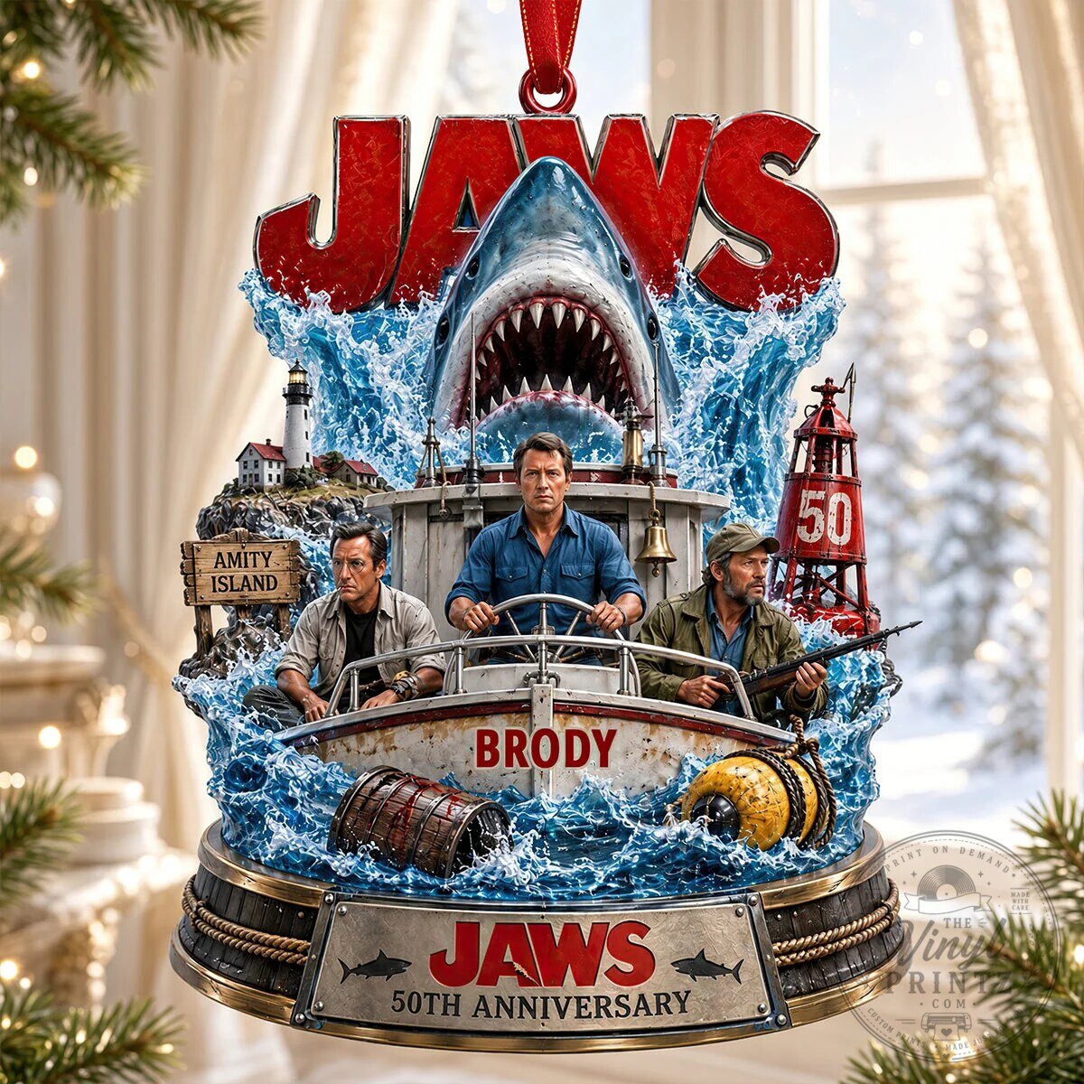 Jaws Movie Poster Shark Attack Christmas Tree Holiday Ornament