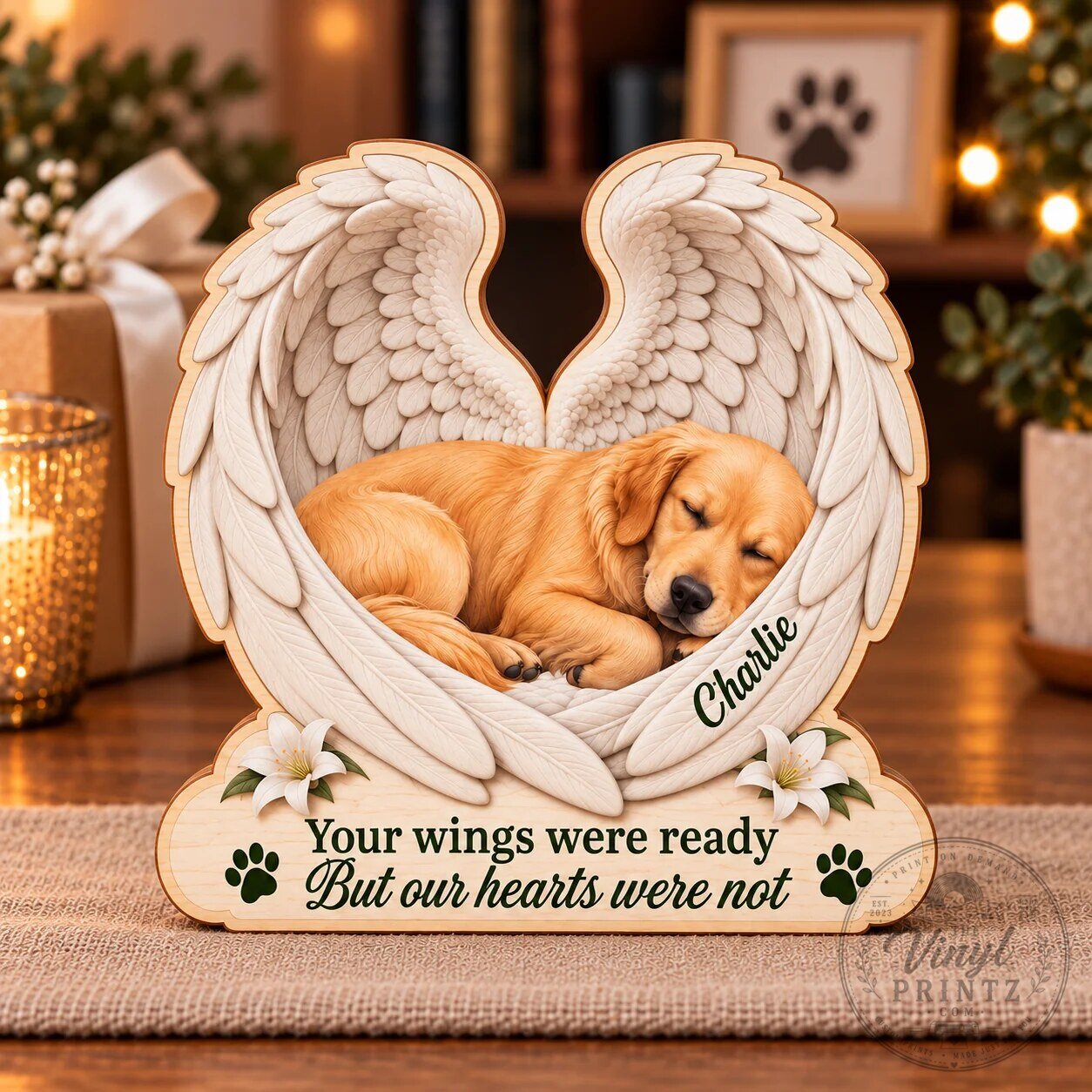 Personalized Pet Memorial Sleeping Angel Wings Wooden Block Plaque