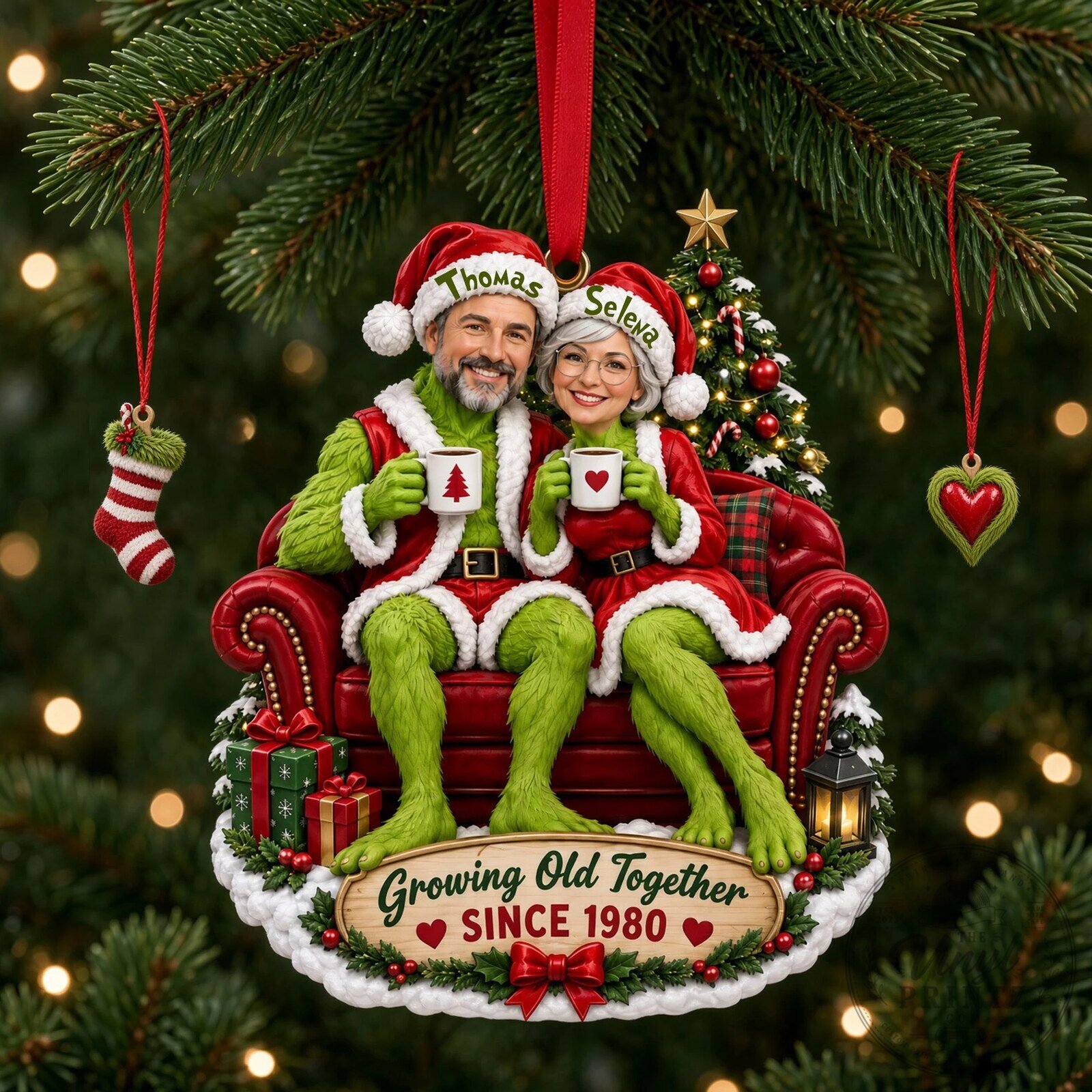 Personalized Grinch Couple Christmas Tree Ornament with Custom Names and Year 9 Personalized Grinch Couple Christmas Tree Ornament with Custom Names and Year