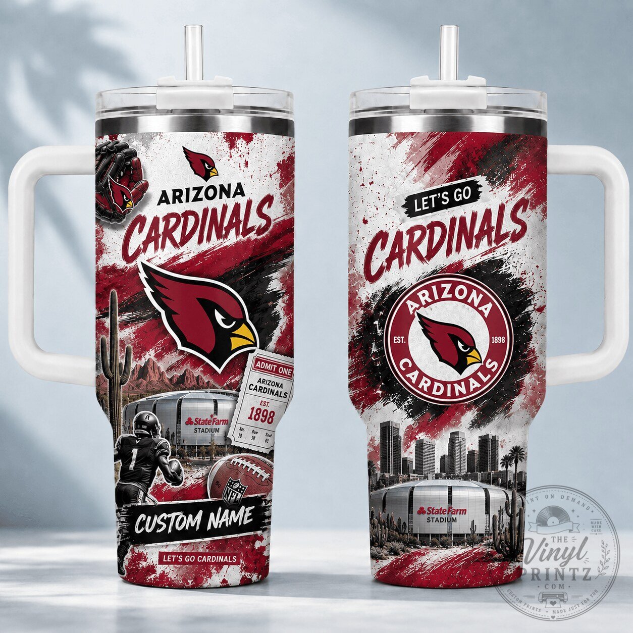 Arizona Cardinals Football Personalized Stainless Steel Tumbler with Handle