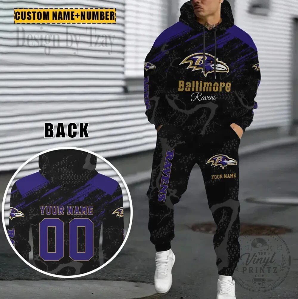 Customized Hoodie and Sweatpants Set for Baltimore Ravens Fans with Name and Number
