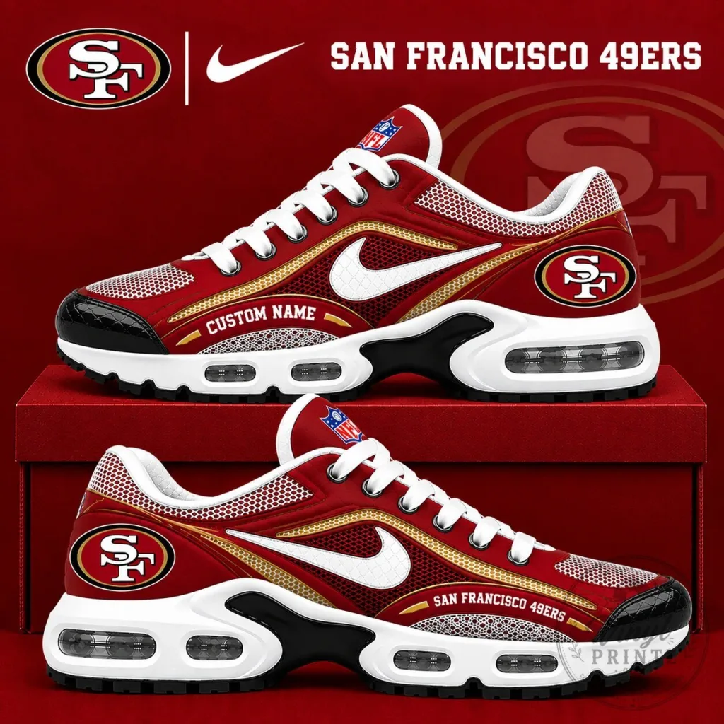 San Francisco 49ers Custom Name Red and Gold Air Cushion Sports Shoes San Francisco 49ers Custom Name Red and Gold Air Cushion Sports Shoes