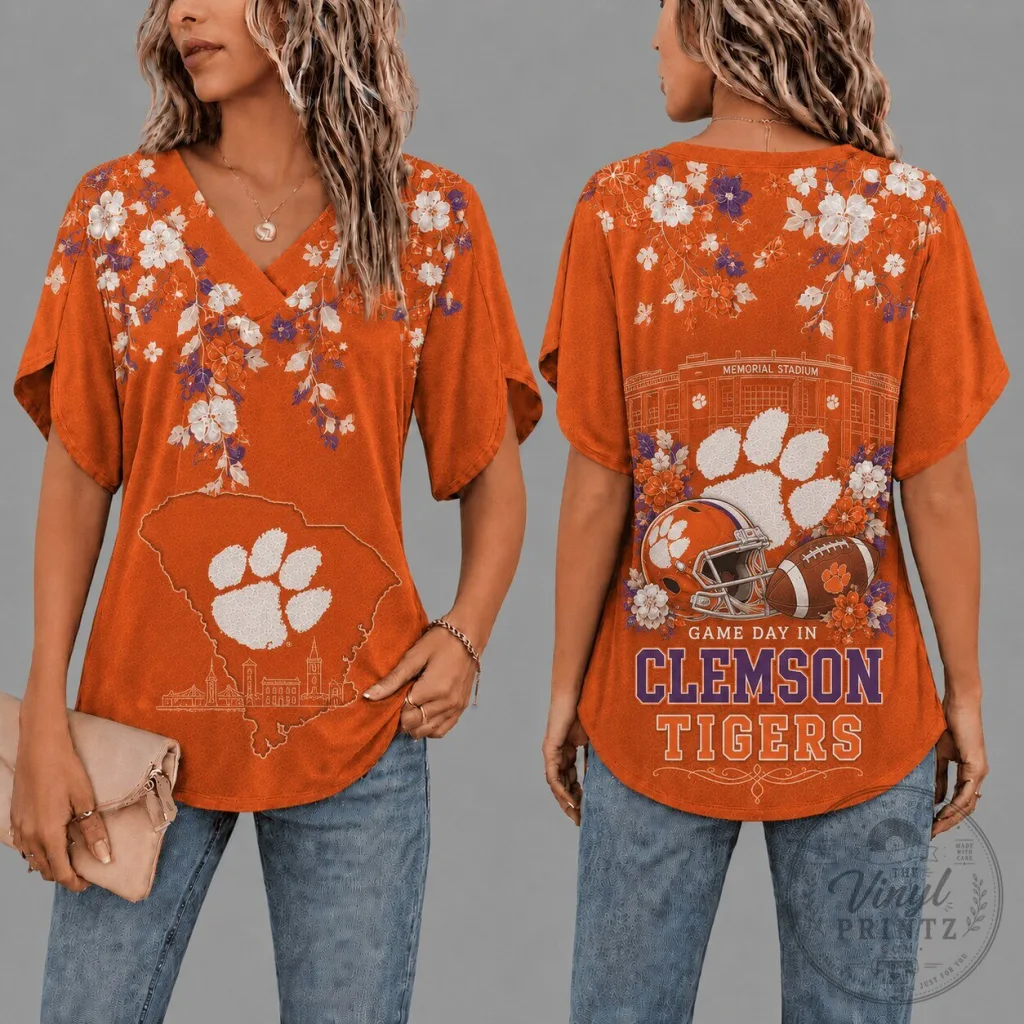 Clemson Tigers Pumpkin Fall Season V-Neck T-Shirt for Women 6 Clemson Tigers Shirt for Women, Floral Game Day V-Neck Top