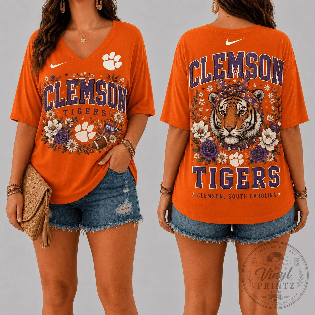 Clemson Tigers Shirt Women's Floral V-Neck Short Sleeve T-Shirt