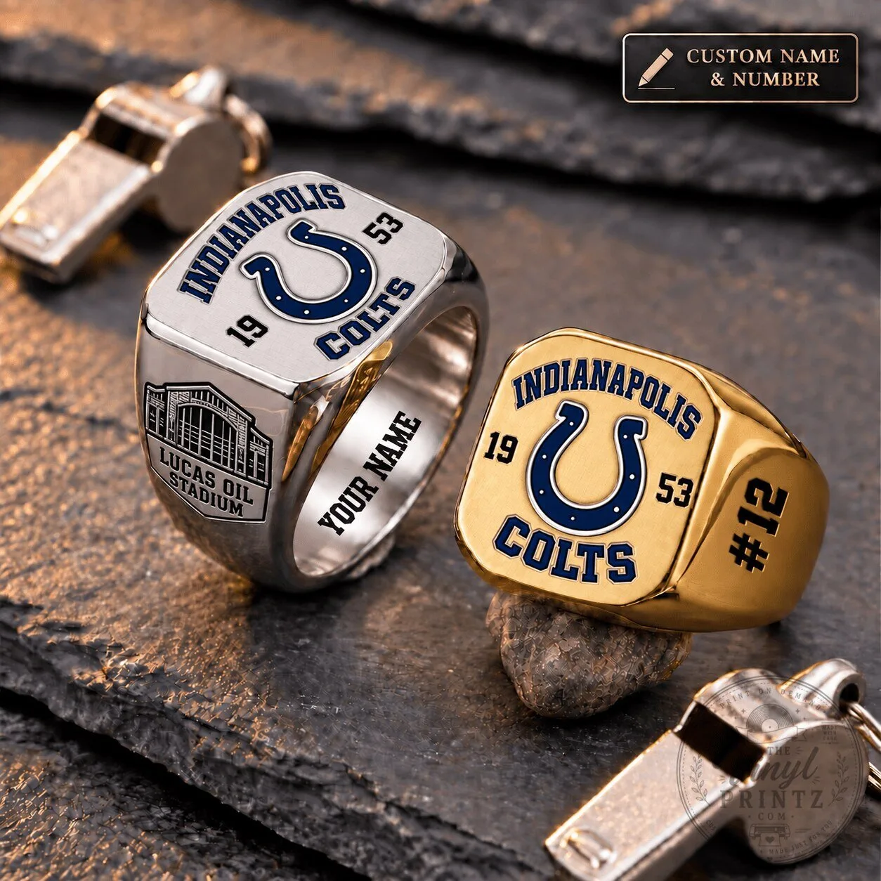 Indianapolis Colts NFL Custom Engraved Name and Number Football Fan Ring