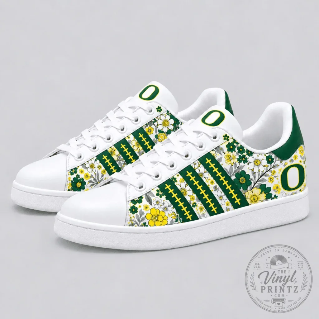 Oregon Ducks Floral Pattern White and Green Custom Sneakers Oregon Ducks Floral Pattern White and Green Custom Sneakers