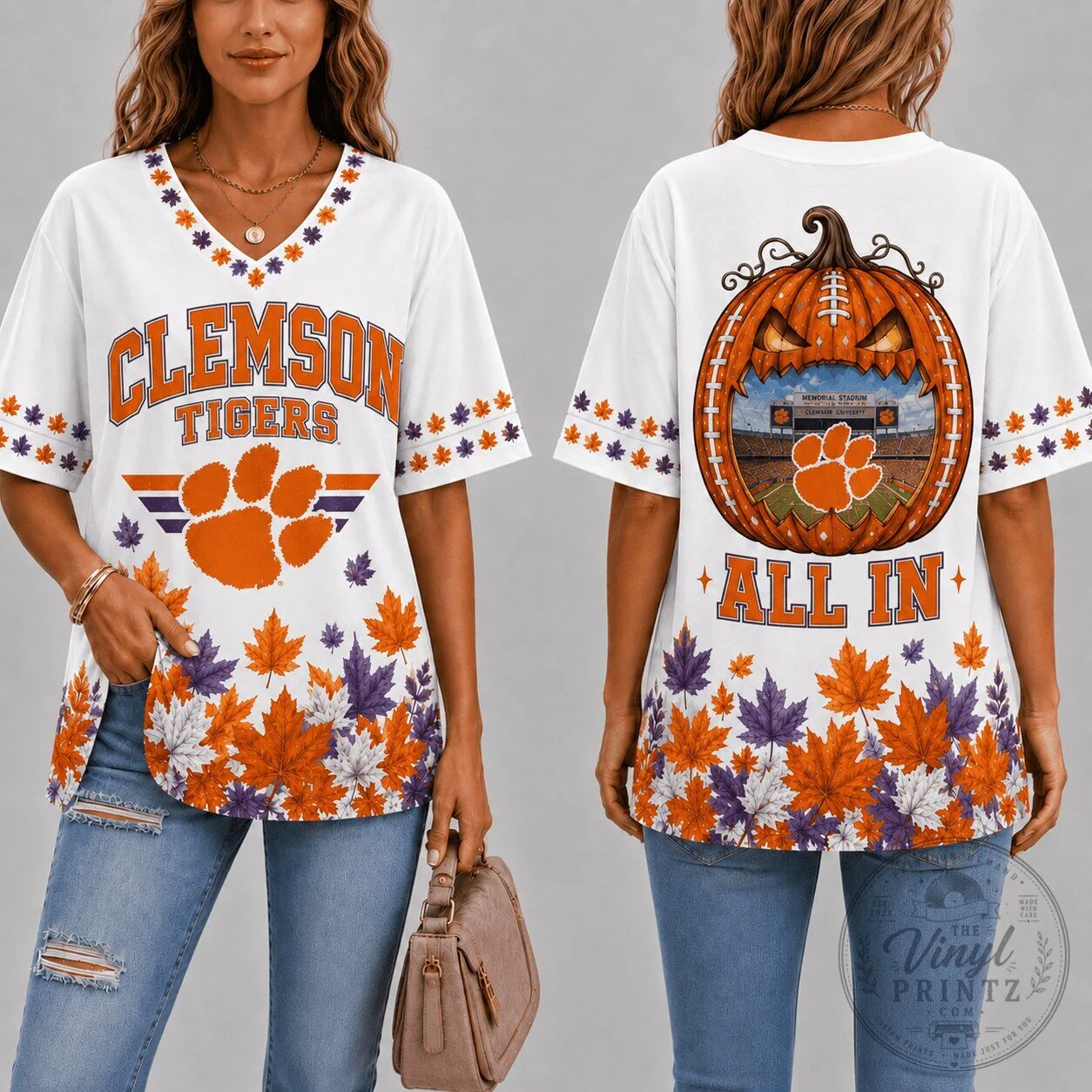 Clemson Tigers Pumpkin Fall Season V-Neck T-Shirt for Women