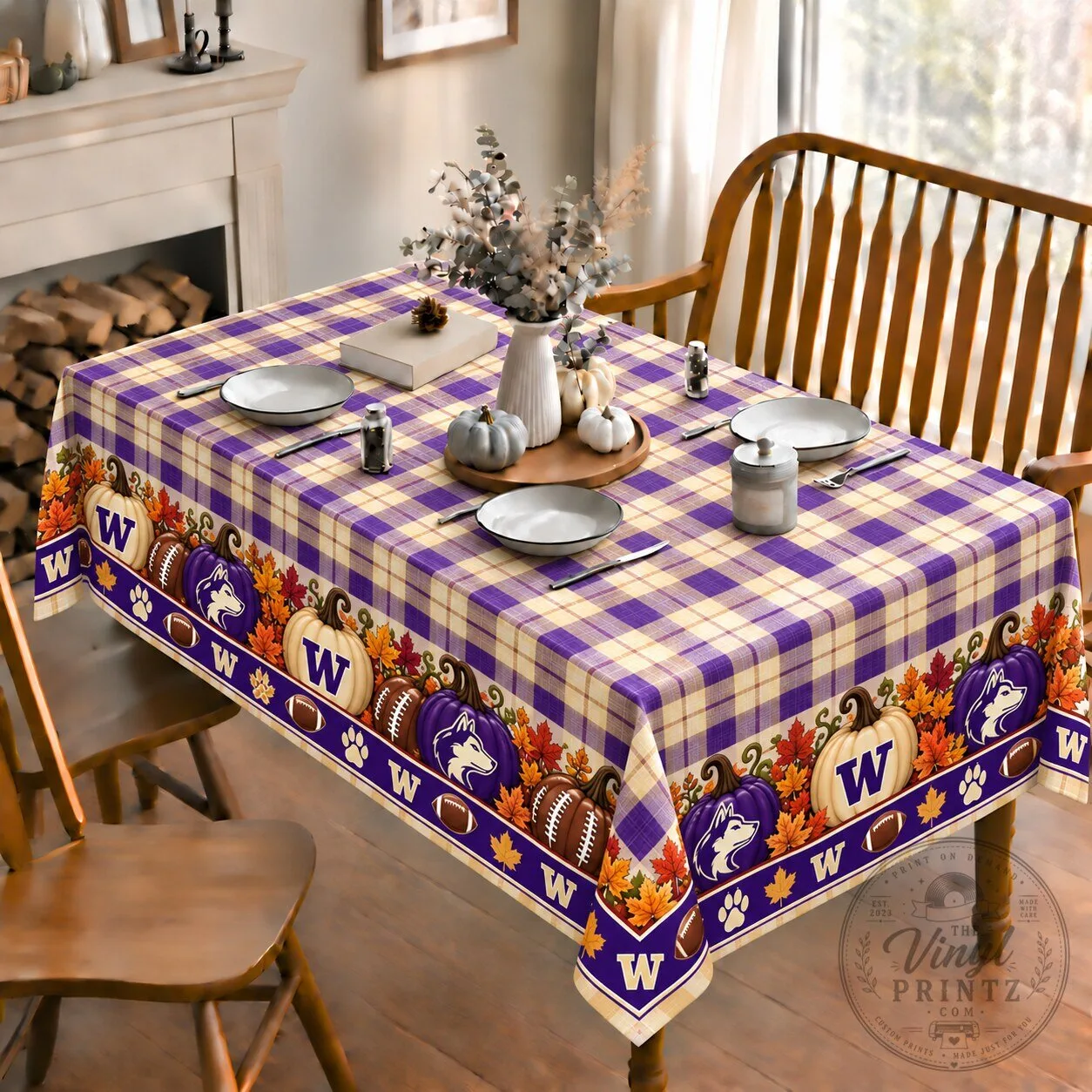 Washington Huskies Football Plaid Autumn Thanksgiving Tablecloth