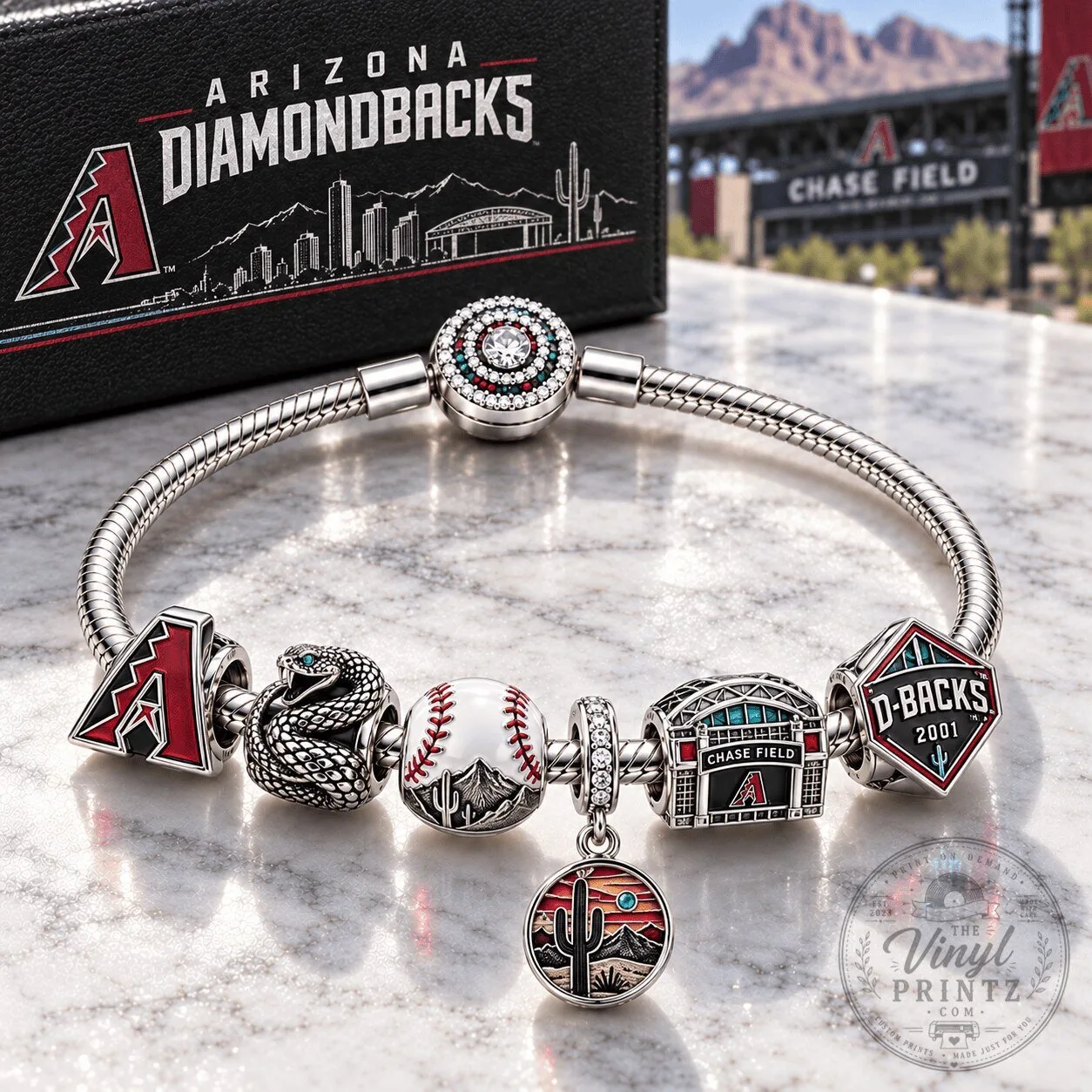 Arizona Diamondbacks Silver Charm Bracelet Set with Baseball and Snake Charms