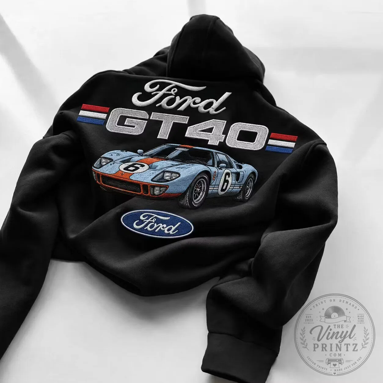Ford GT40 Race Car Embroidered Black Unisex Hoodie