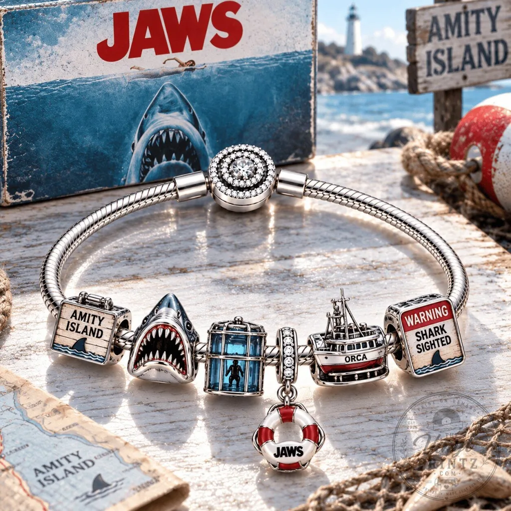 Jaws Amity Island Shark Sighted Charm Bracelet with Orca Boat and Life Preserver 5 Jaws Amity Island Shark Sighted Charm Bracelet with Orca Boat and Life Preserver
