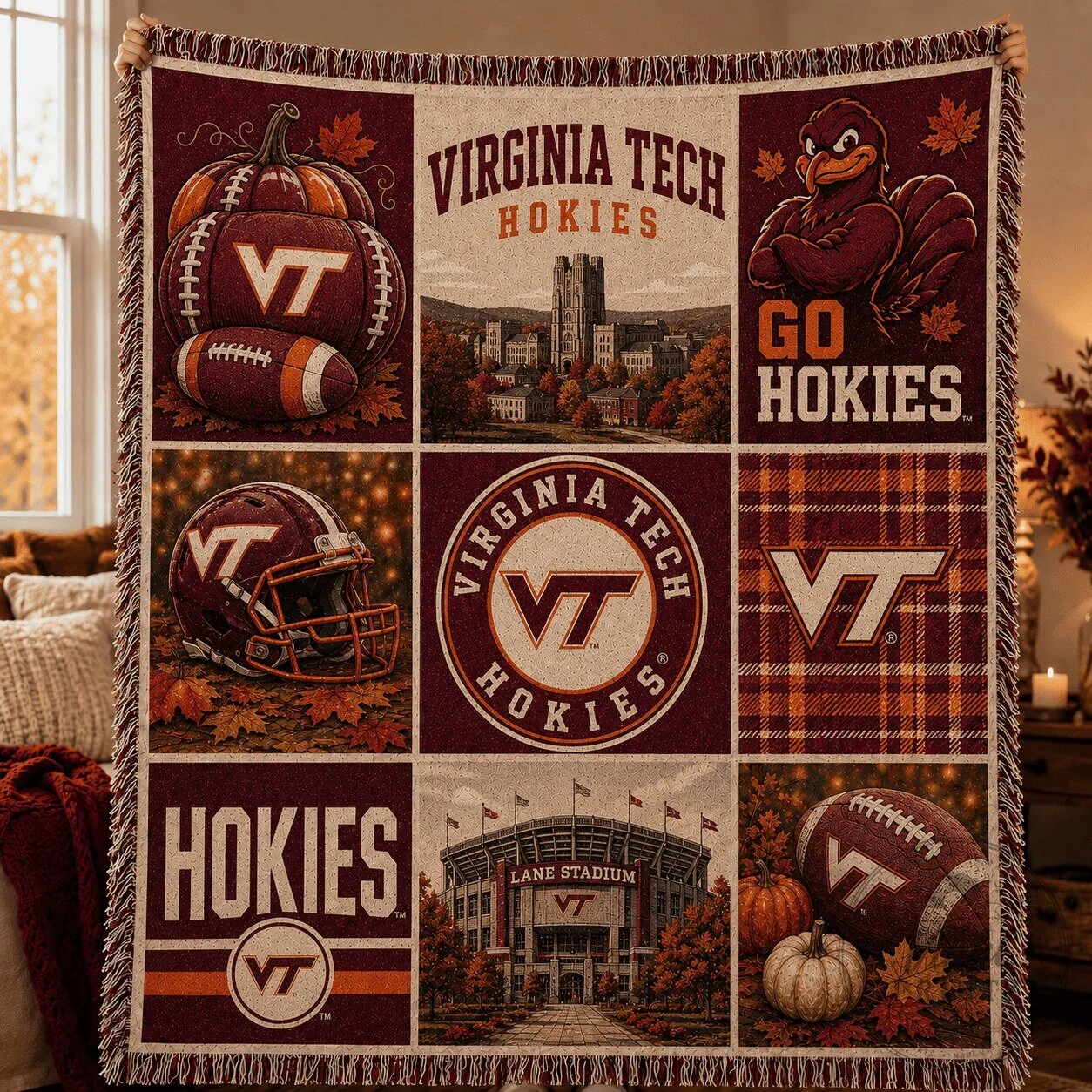 Virginia Tech Hokies Football Team Autumn Leaves Stadium Woven Blanket