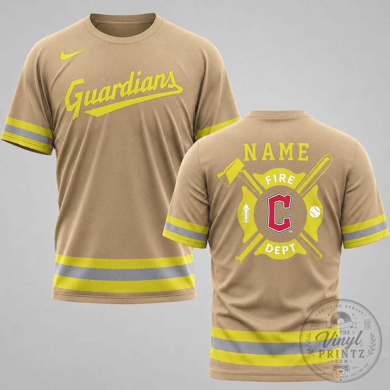 Cleveland Guardians Fire Department Personalized Tan T-Shirt