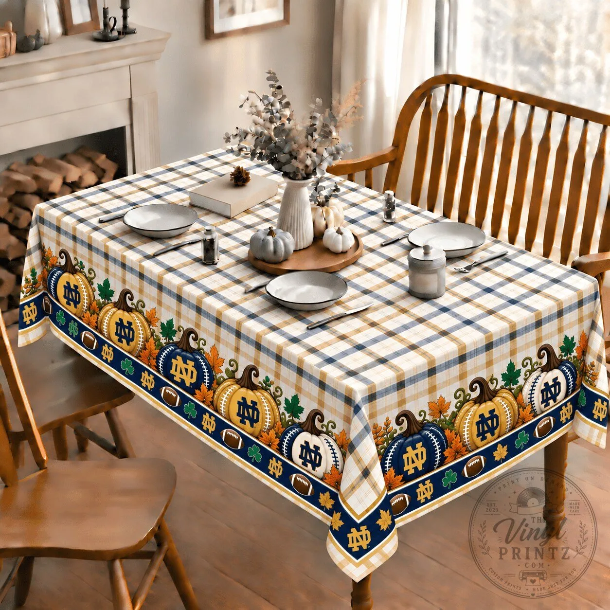 Notre Dame Fighting Irish Football Pumpkins Autumn Plaid Tablecloth