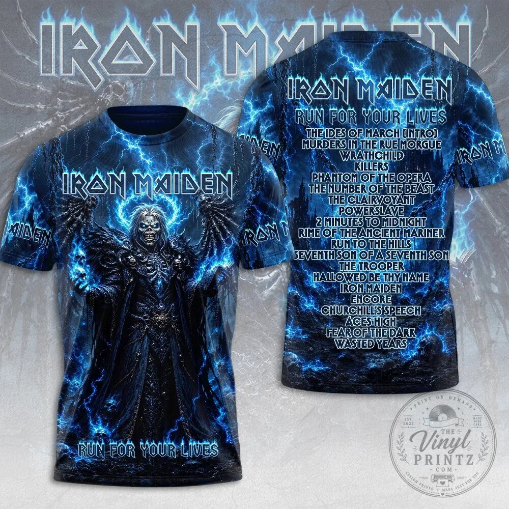 Iron Maiden Run For Your Lives Album Art Graphic Blue Lightning T-Shirt 2 Iron Maiden Run For Your Lives Album Art Graphic Blue Lightning T-Shirt