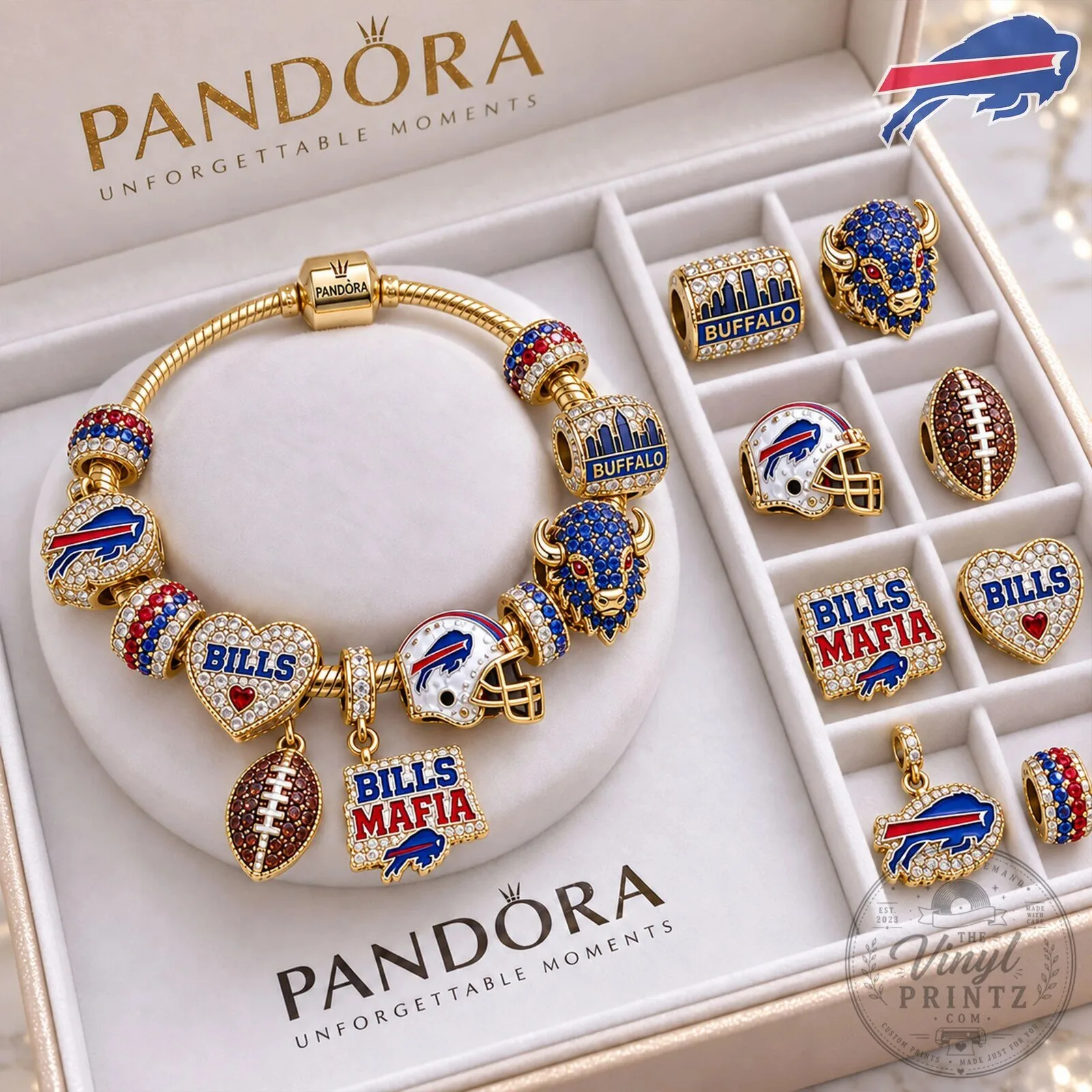 Buffalo Bills Gold Charm Bracelet Set with Football Helmet and Team Logo Charms