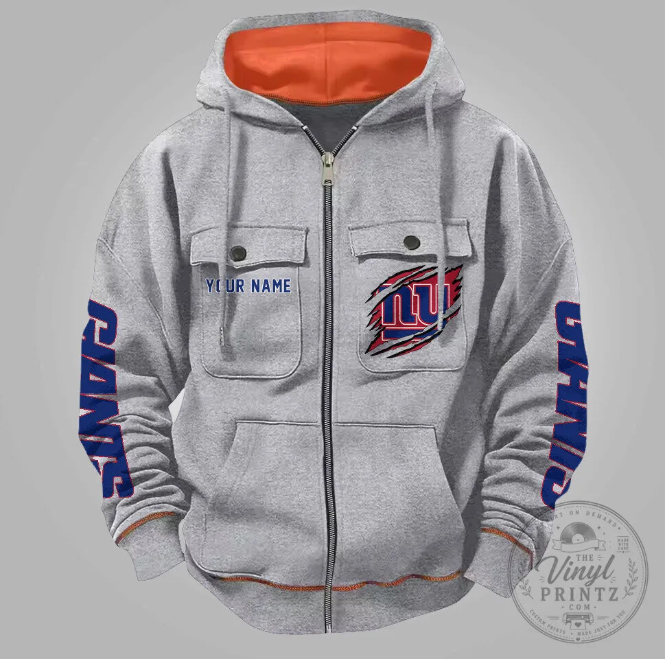 New York Giants Personalized Gray Full-Zip Hoodie for Men