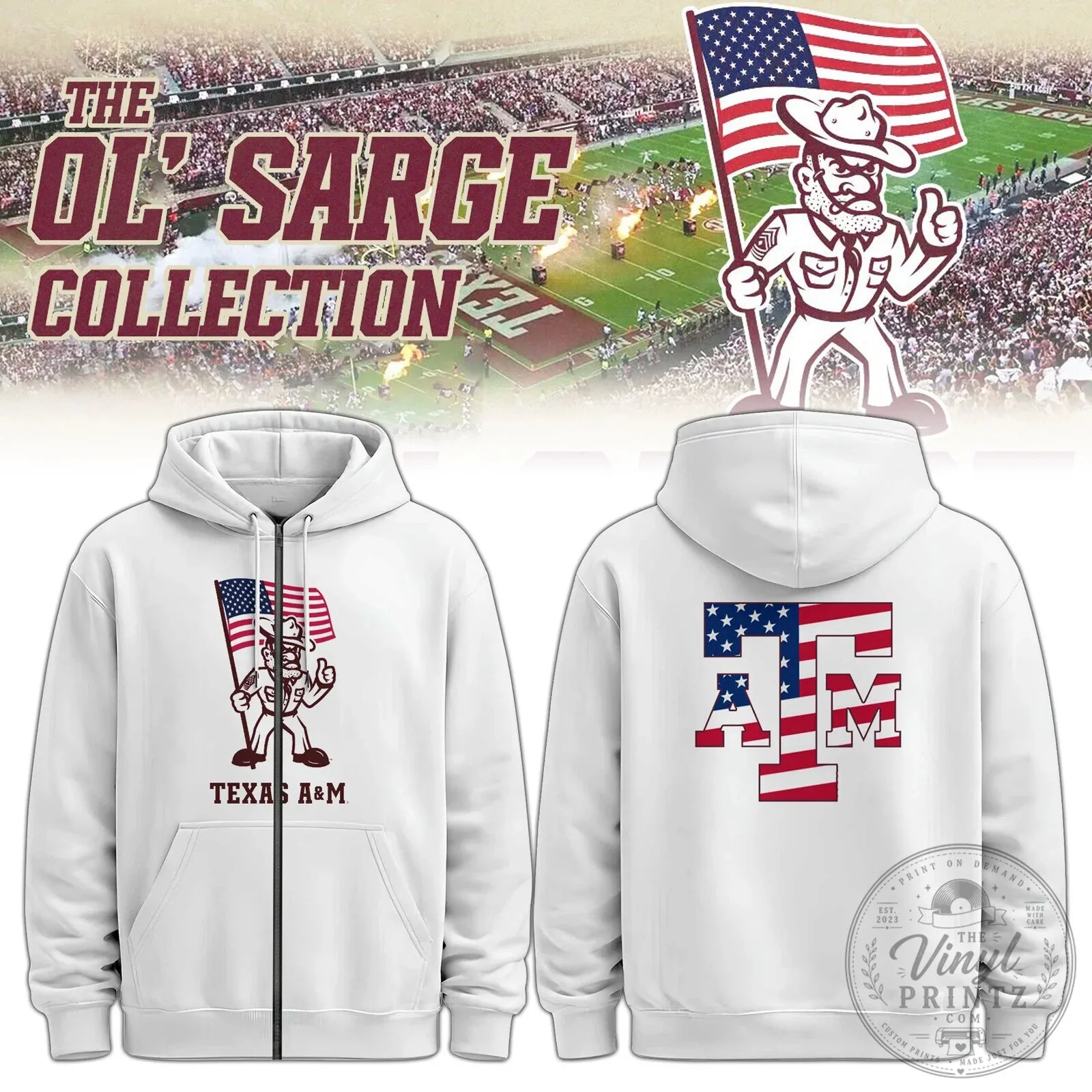 Full-Zip Hoodie featuring the American Flag and Texas A&M Aggies Ol' Sarge Design