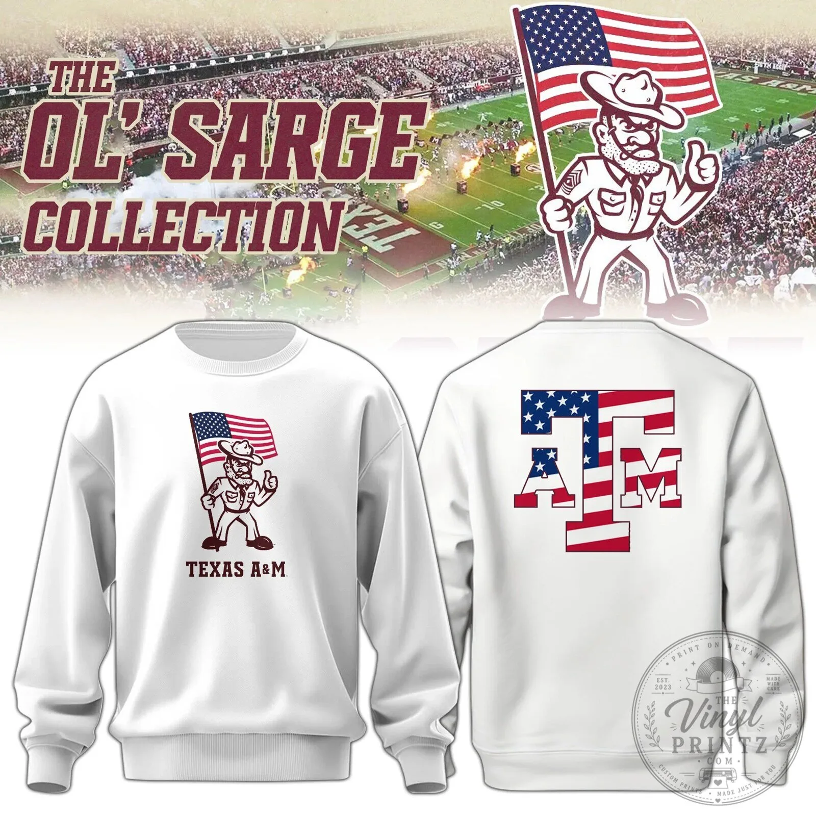 Texas A&M Aggies Ol' Sarge American Flag Patriotic Crewneck Sweatshirt