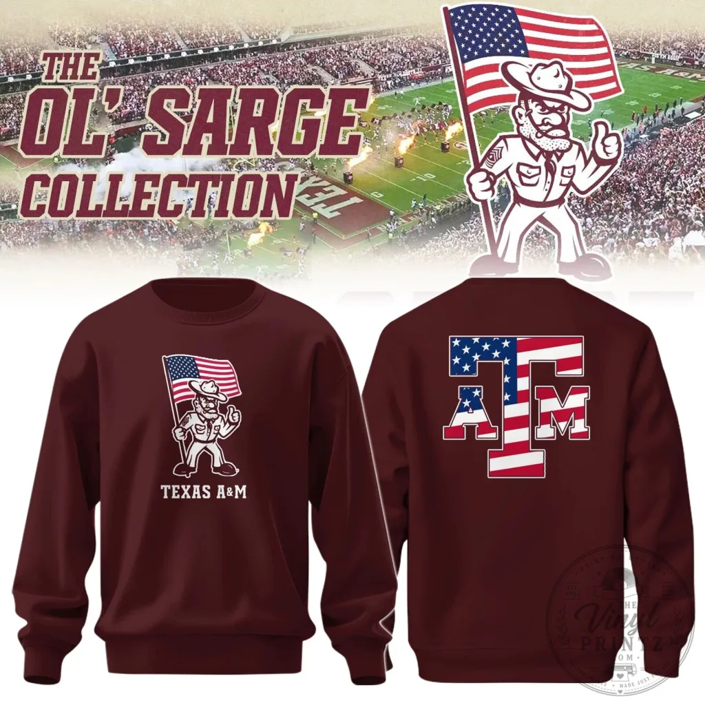 Maroon Crewneck Sweatshirt with American Flag Design featuring Texas A&M Aggies Ol' Sarge Maroon Crewneck Sweatshirt with American Flag Design featuring Texas A&M Aggies Ol' Sarge
