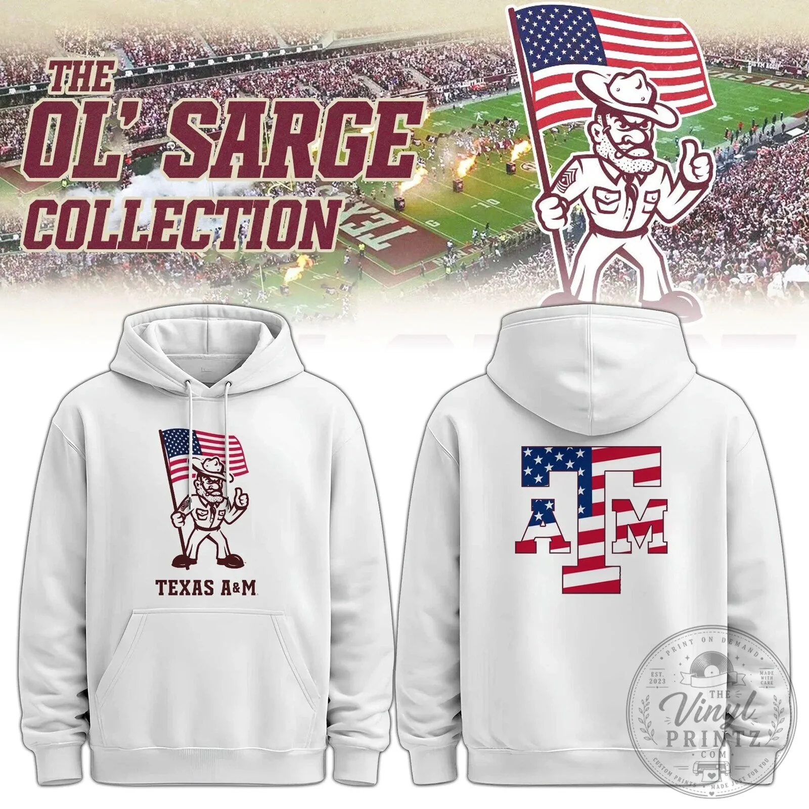 Texas A&M Aggies Ol' Sarge American Flag White Pullover Hoodie