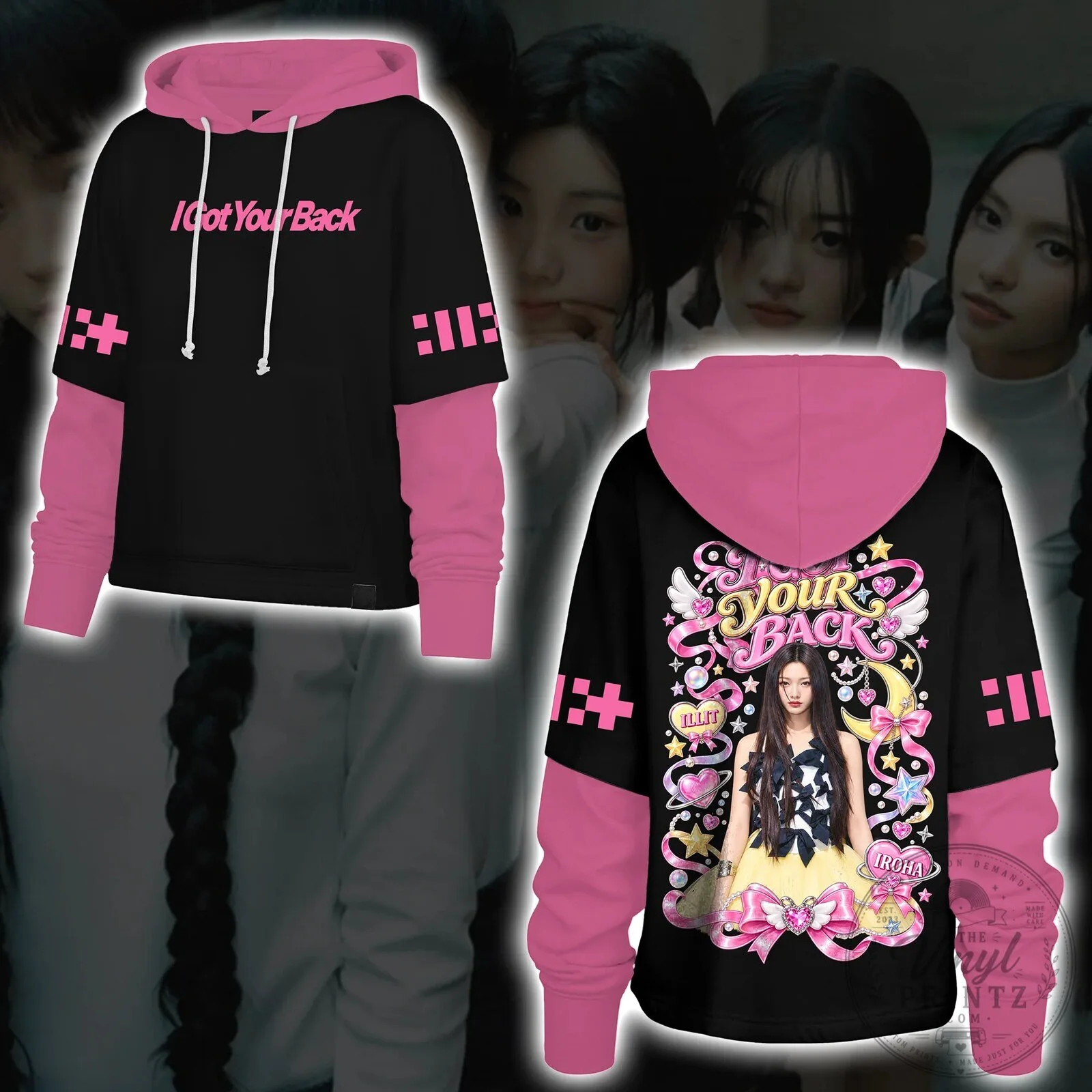 ILLIT I Got Your Back Pastel Ribbon Black and Pink Hoodie for Fans