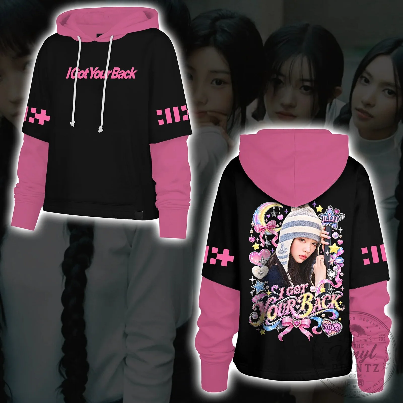ILLIT I Got Your Back Pastel Ribbon Black and Pink Hoodie for Fans 13 ILLIT I Got Your Back Pastel Ribbon Black and Pink Hoodie for Fans