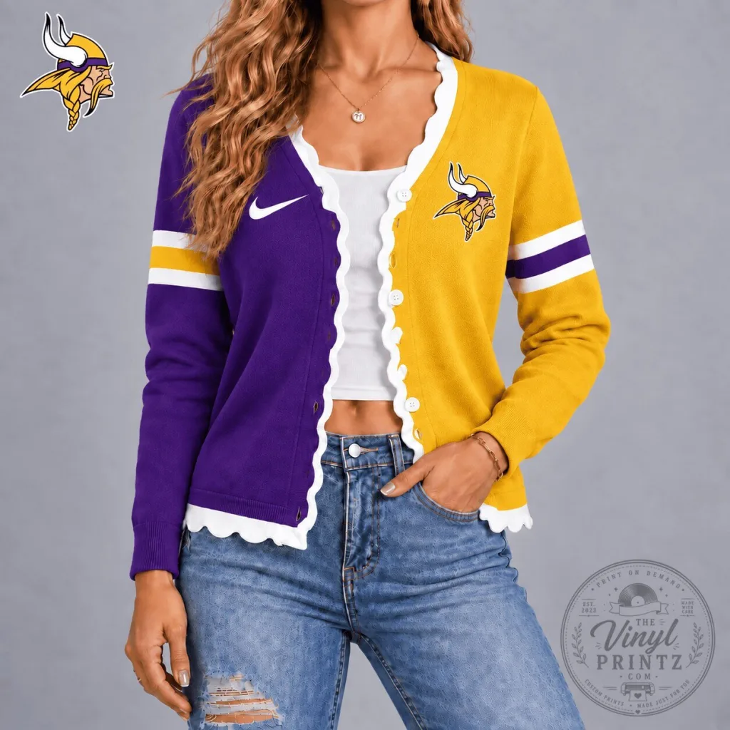Minnesota Vikings Women's Purple and Gold Scalloped Cardigan Sweater 7 Minnesota Vikings Women's Purple and Gold Scalloped Cardigan Sweater